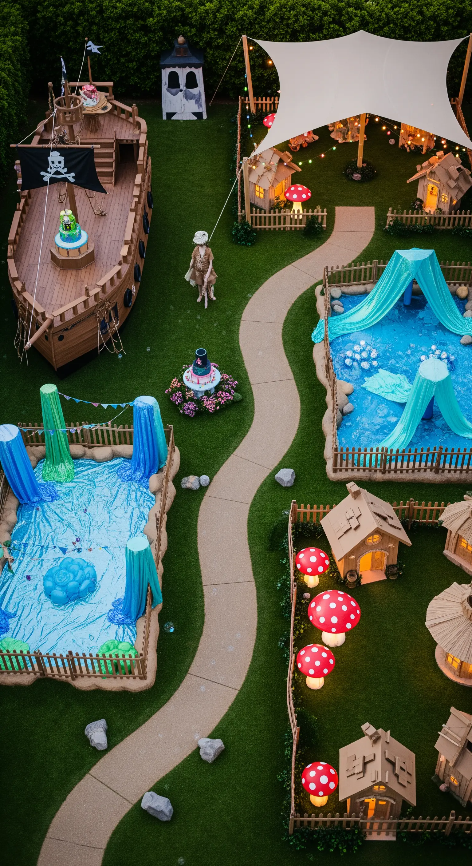 Giardino allestito a tema Isola che non c'è, con nave pirata e laguna delle sirene.