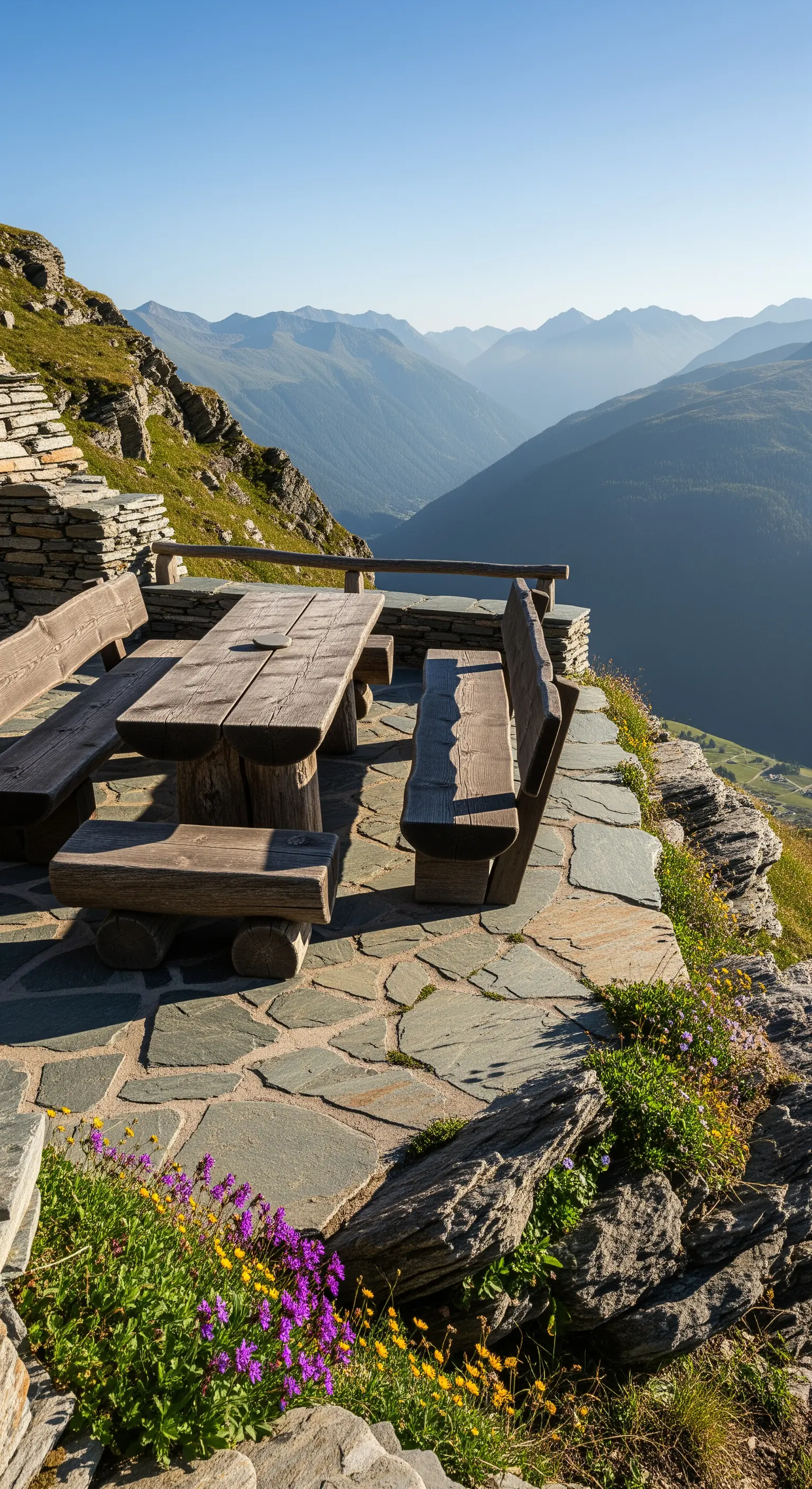 Tavolo da picnic in legno massiccio su una terrazza panoramica in pietra di montagna.