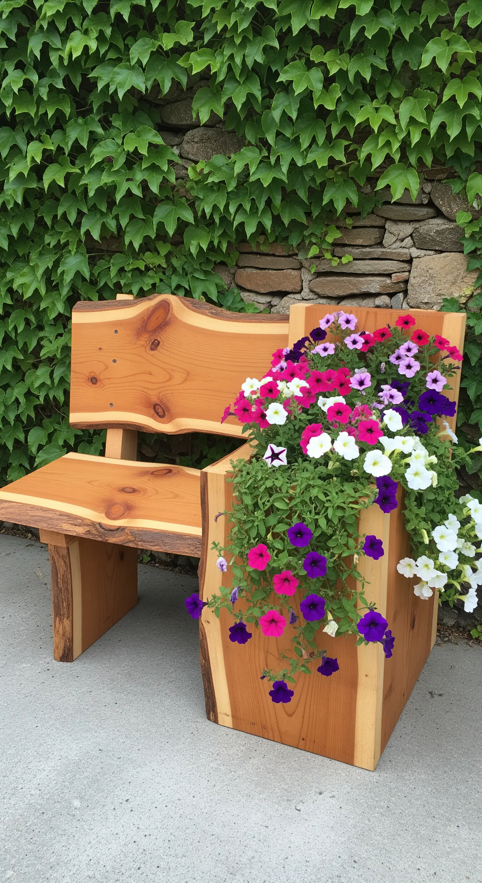 Panca in legno chiaro con fioriera integrata, colma di fiori colorati rosa, viola e bianchi.