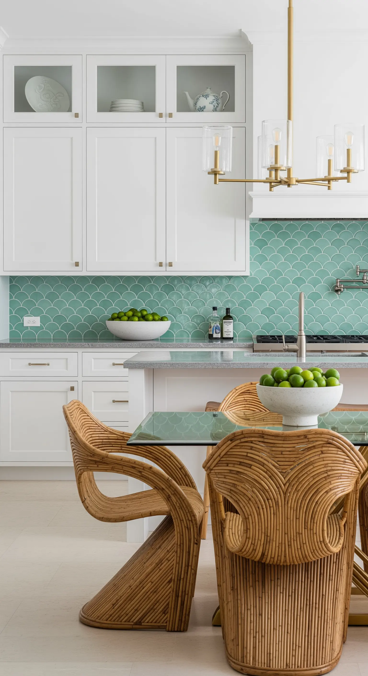 Sedie da pranzo scultoree in rattan curvato attorno a un tavolo con piano in vetro.