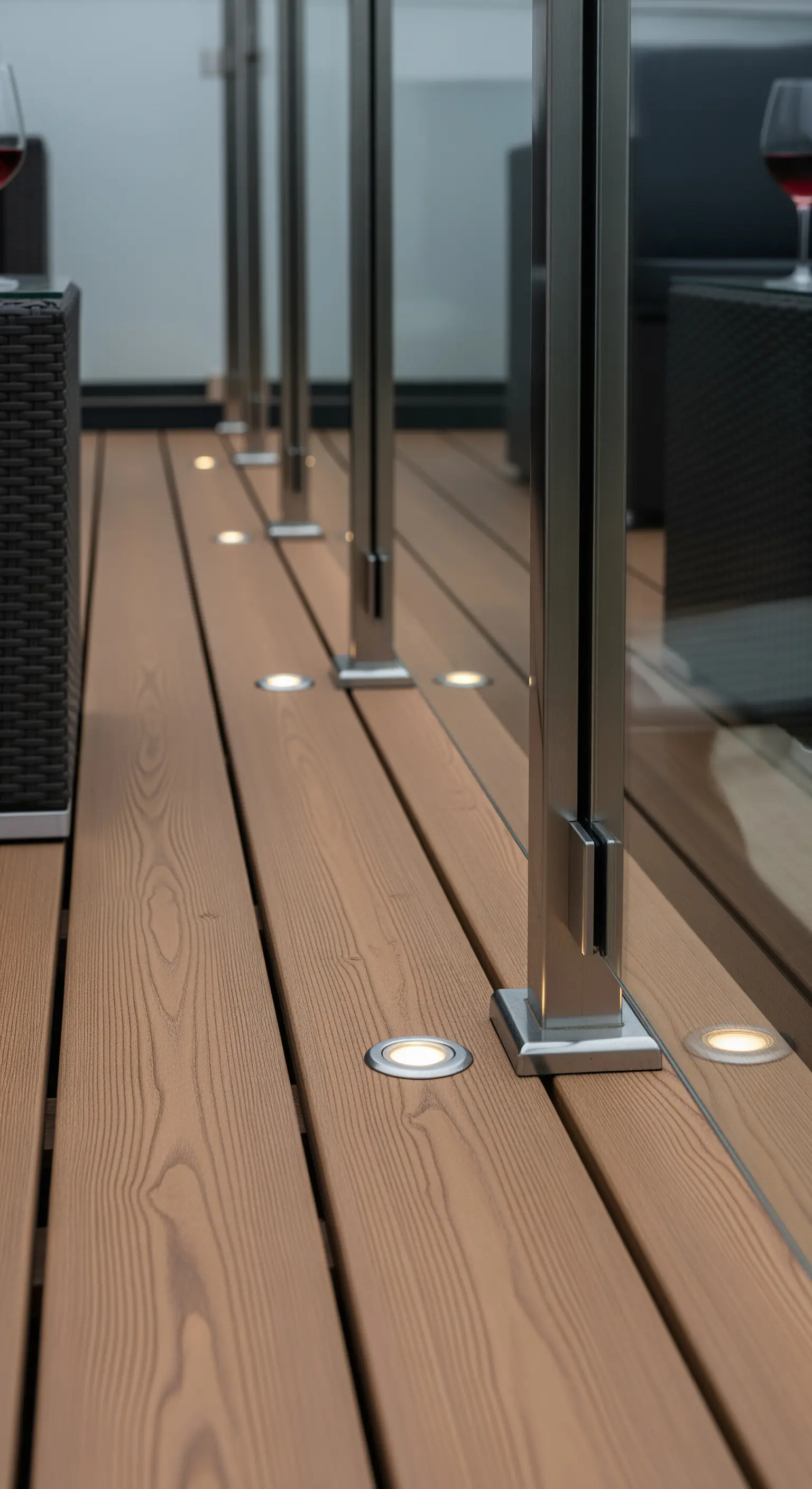 Dettaglio di un pavimento in legno con faretti LED rotondi incassati lungo la base di una balaustra