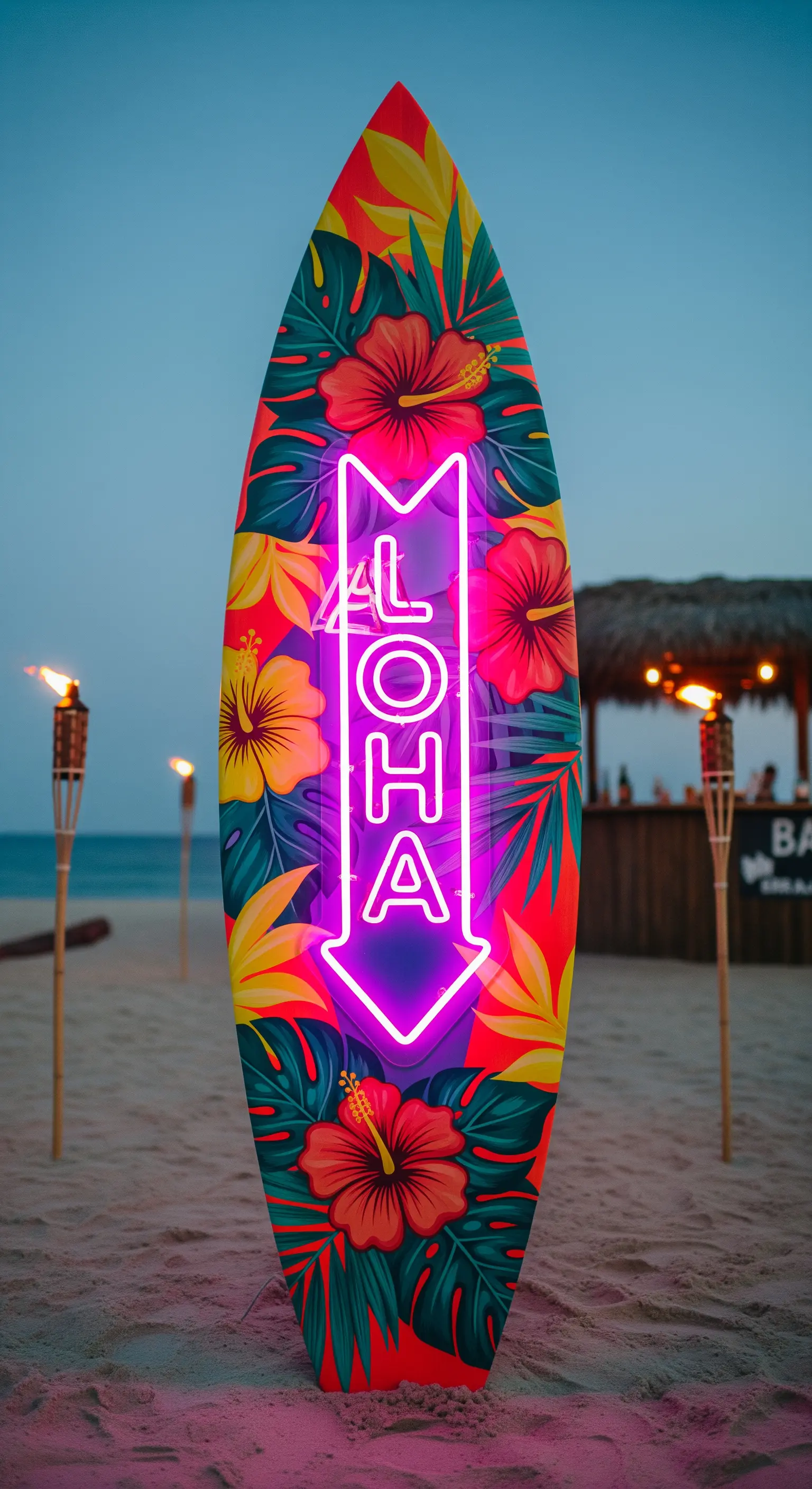 Tavola da surf decorata con fiori tropicali e insegna al neon 