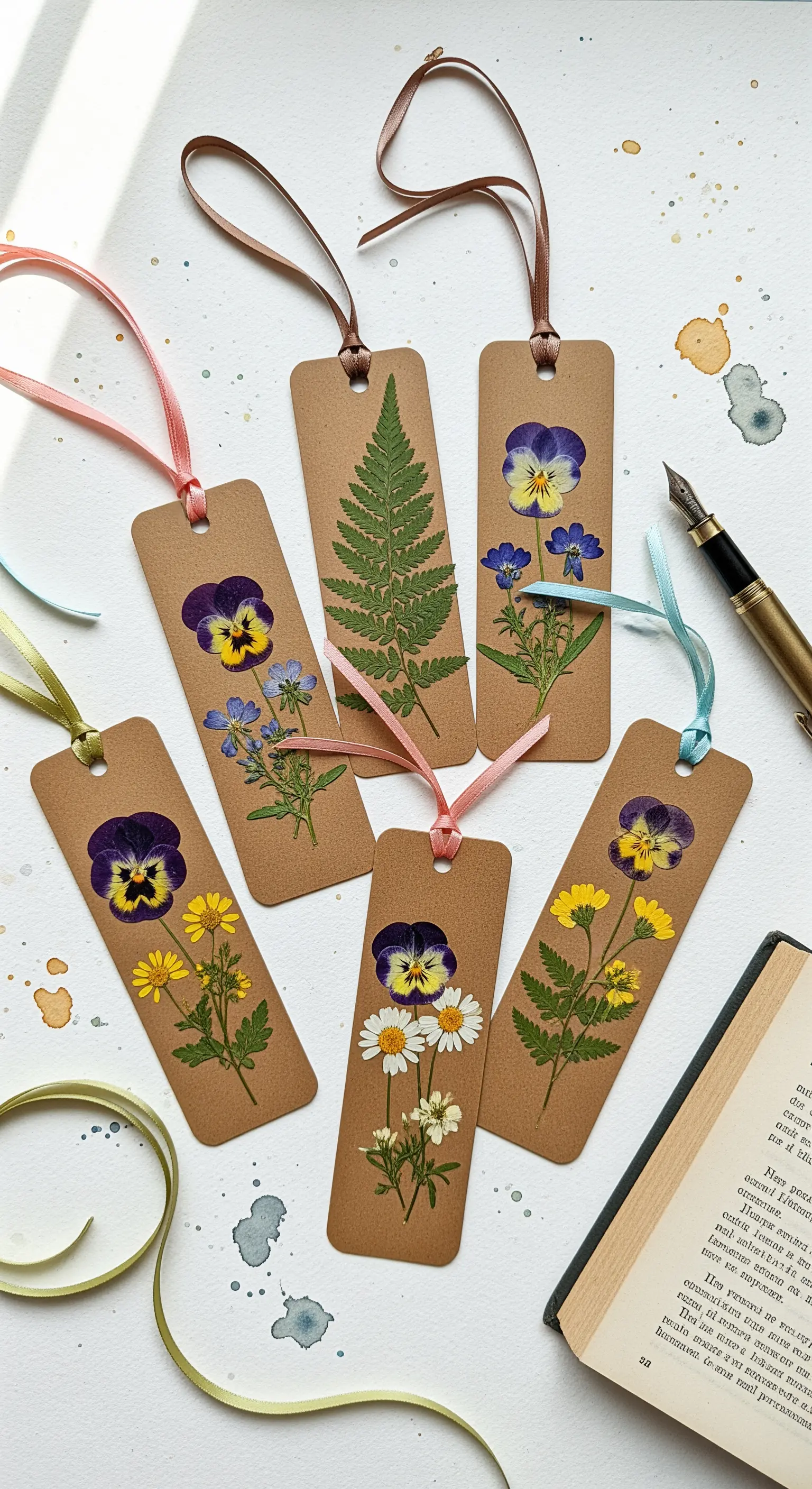 Segnalibri in carta kraft decorati con fiori di campo e foglie pressate, con nastri colorati.