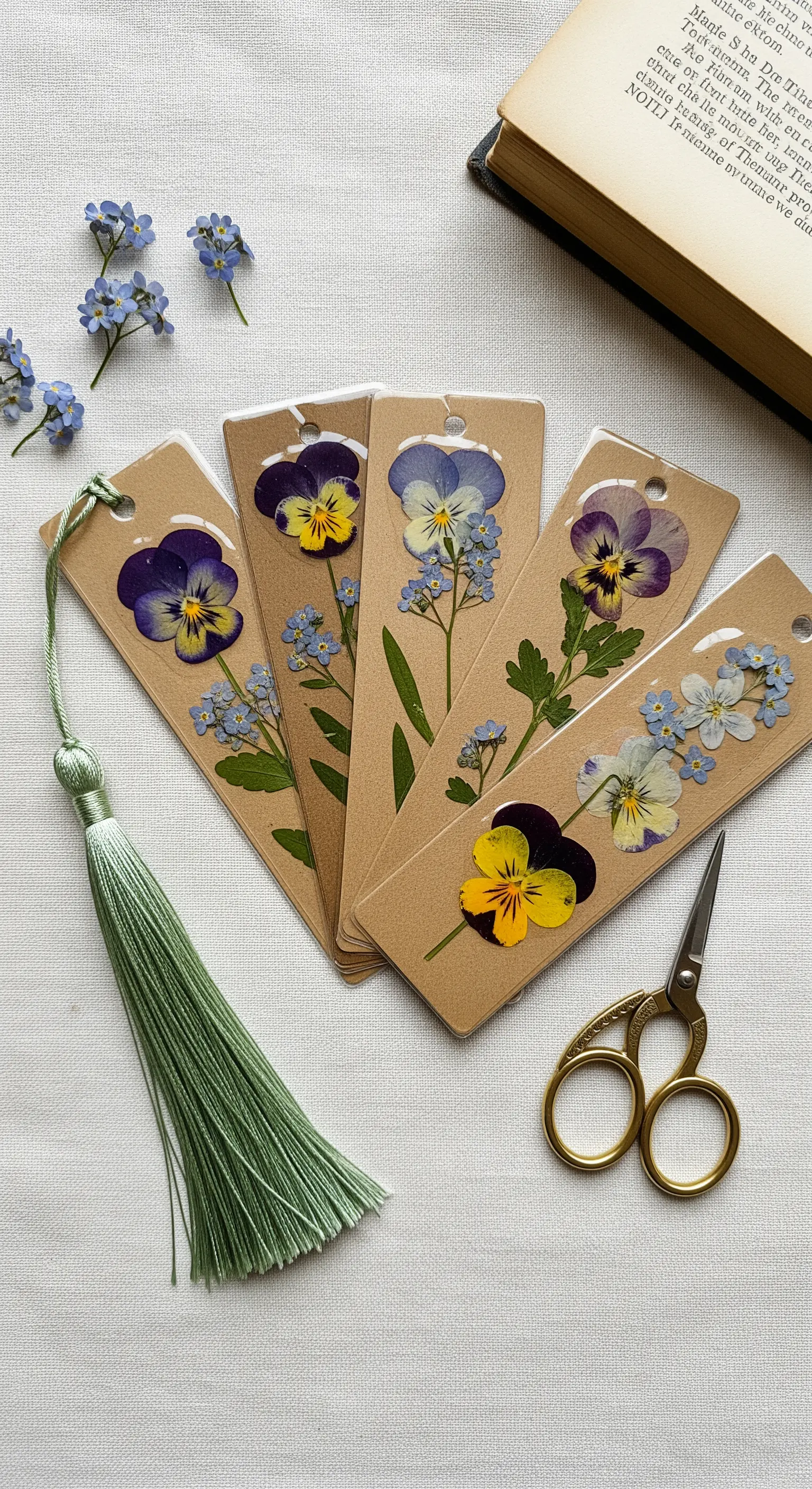 Segnalibri in carta kraft realizzati a mano con viole del pensiero e fiori selvatici pressati.