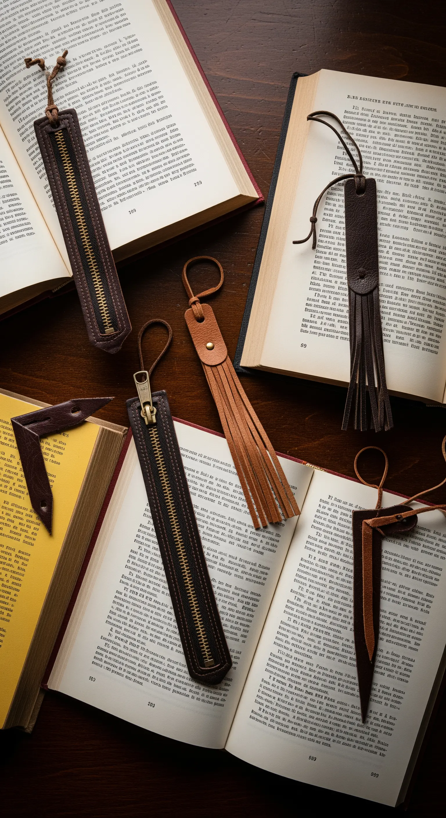 Vari segnalibri in pelle, alcuni con cerniere, altri a frange, su libri aperti.