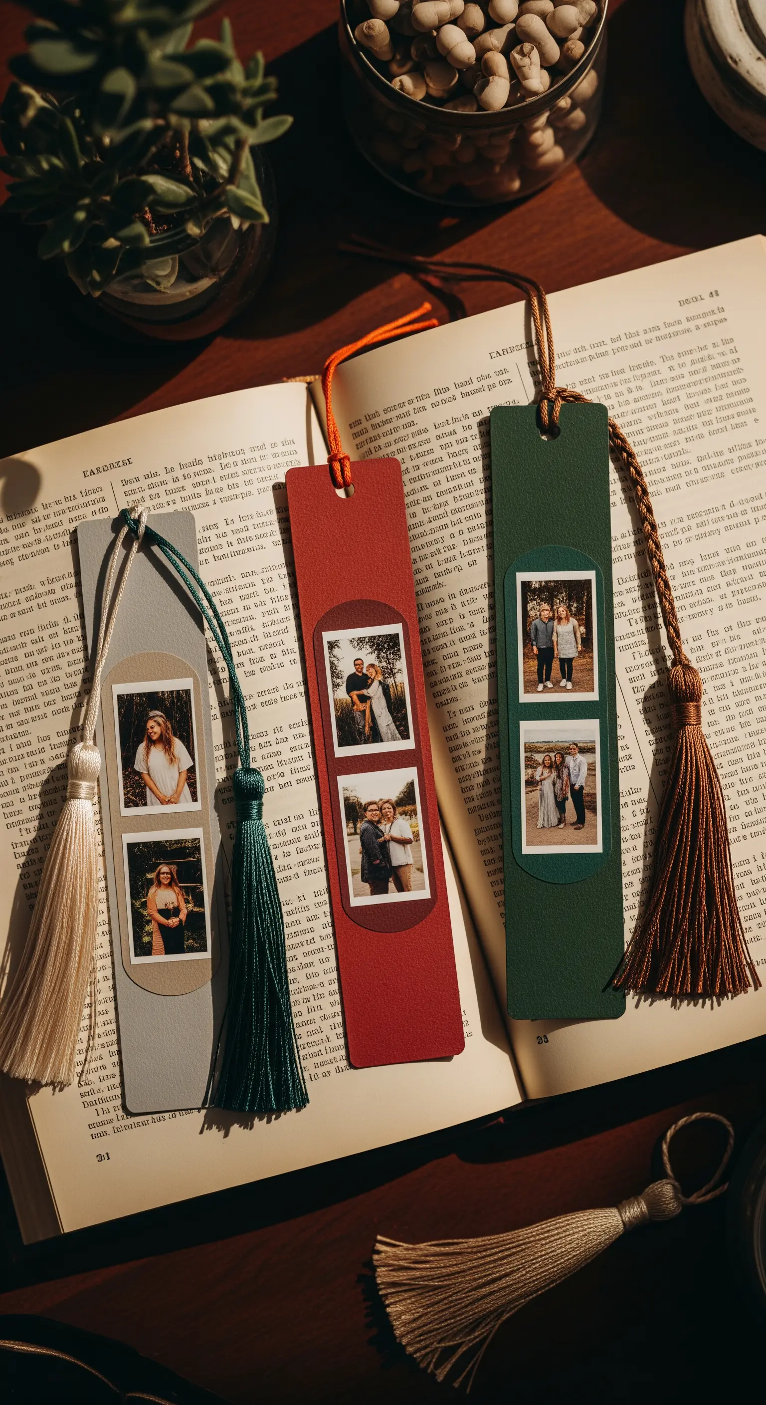 Tre segnalibri colorati fatti a mano, ciascuno decorato con piccole fotografie e una nappa.