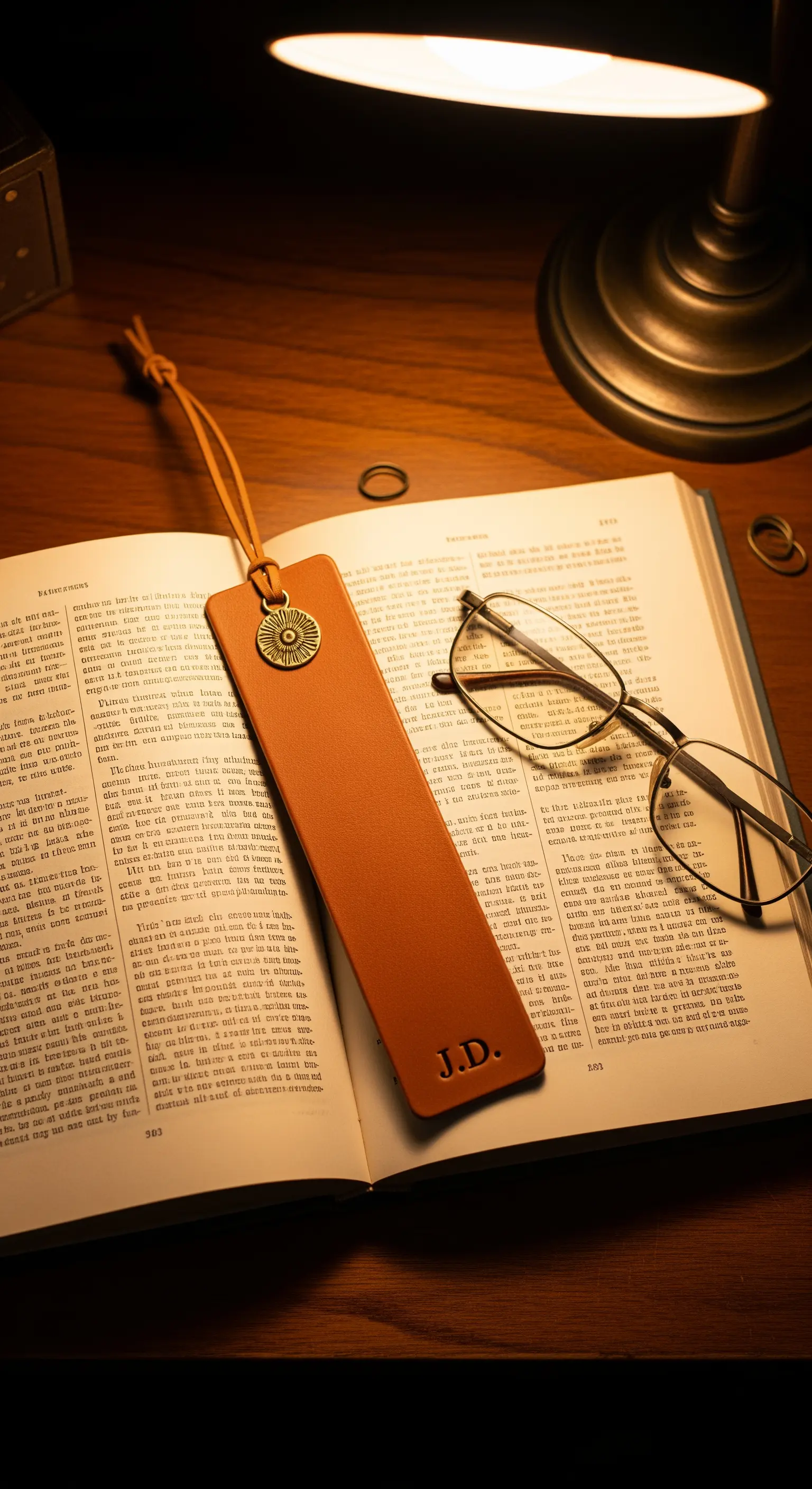 Segnalibro in pelle personalizzato con iniziali, appoggiato su un libro aperto.