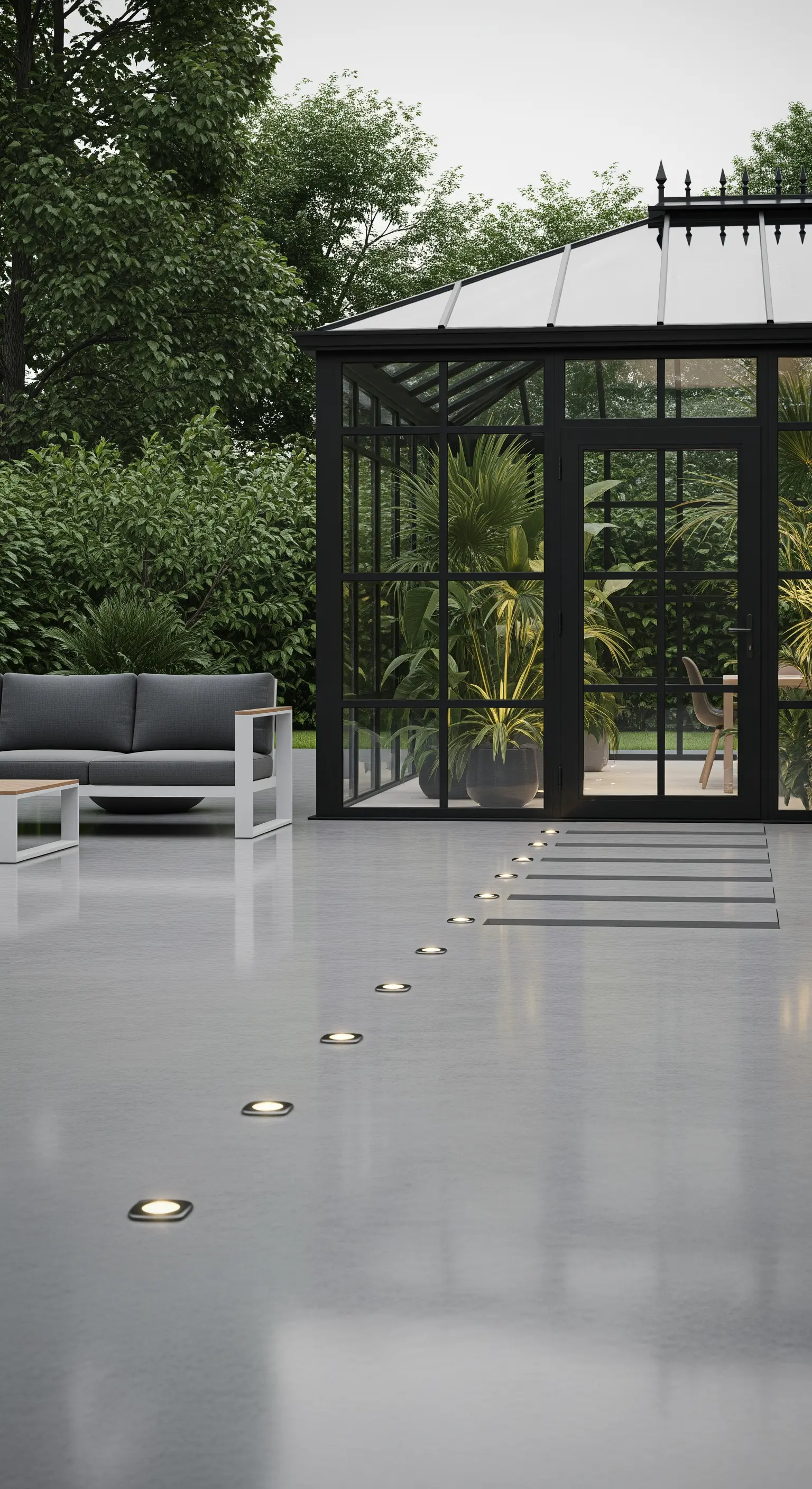 Patio in cemento levigato con una fila di piccoli faretti a incasso che conduce a una serra moderna