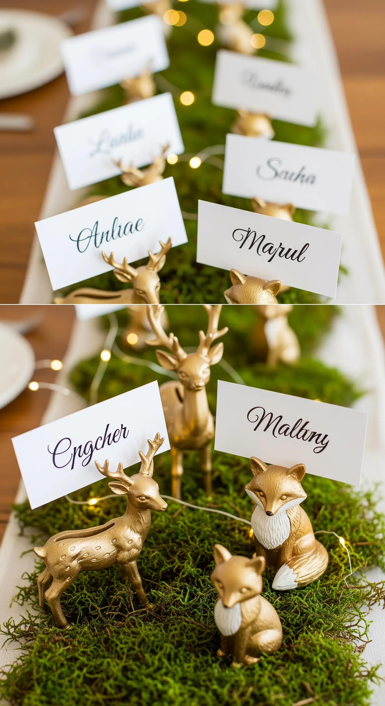 Piccole statuine di animali del bosco verniciate d'oro che sorreggono i segnaposto.