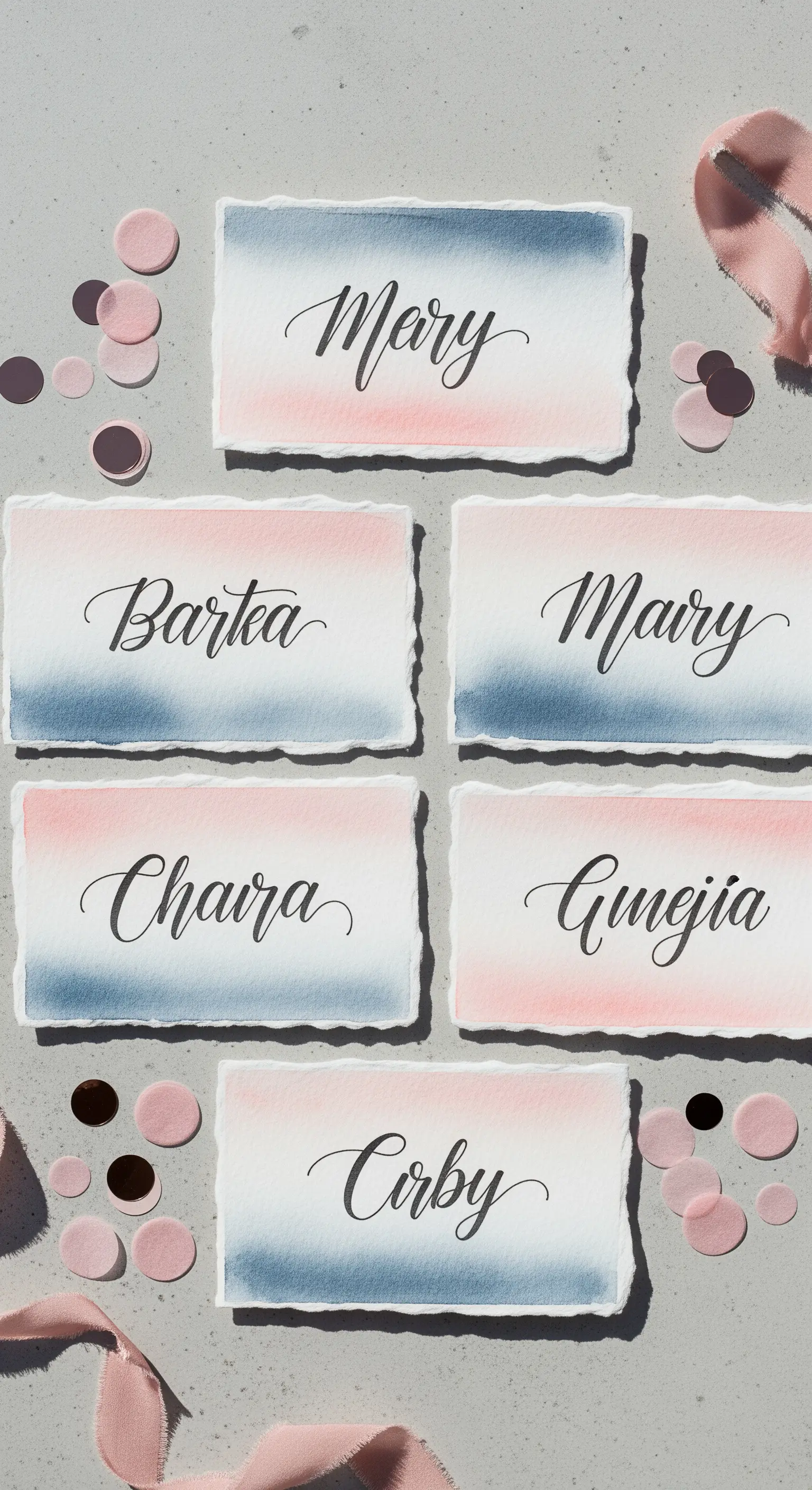 Segnaposto con nomi in calligrafia su cartoncini con sfumature di acquerello rosa e blu.