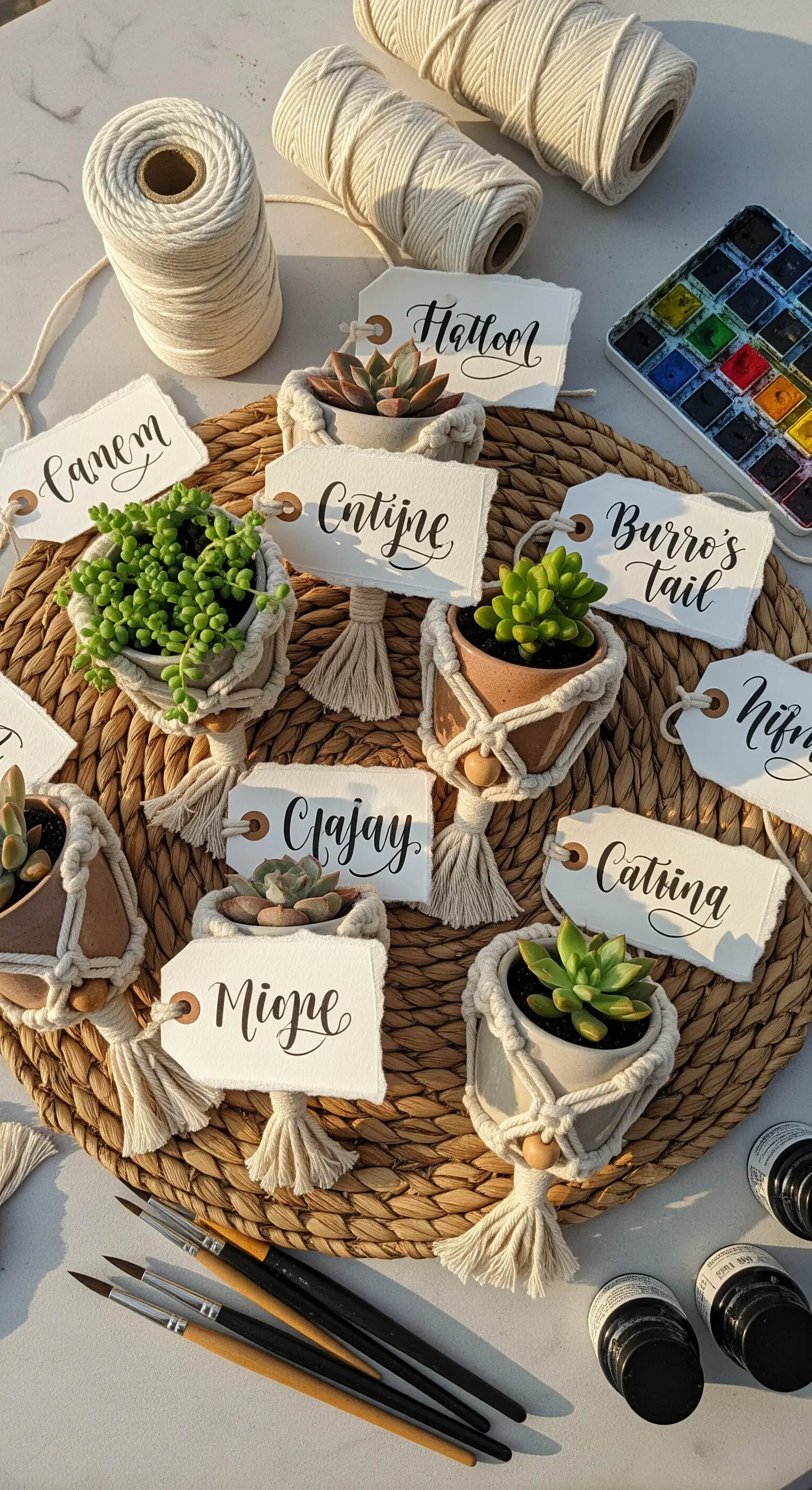 Mini piante grasse in vasetti avvolti in macramè, usati come segnaposto con nomi calligrafati.