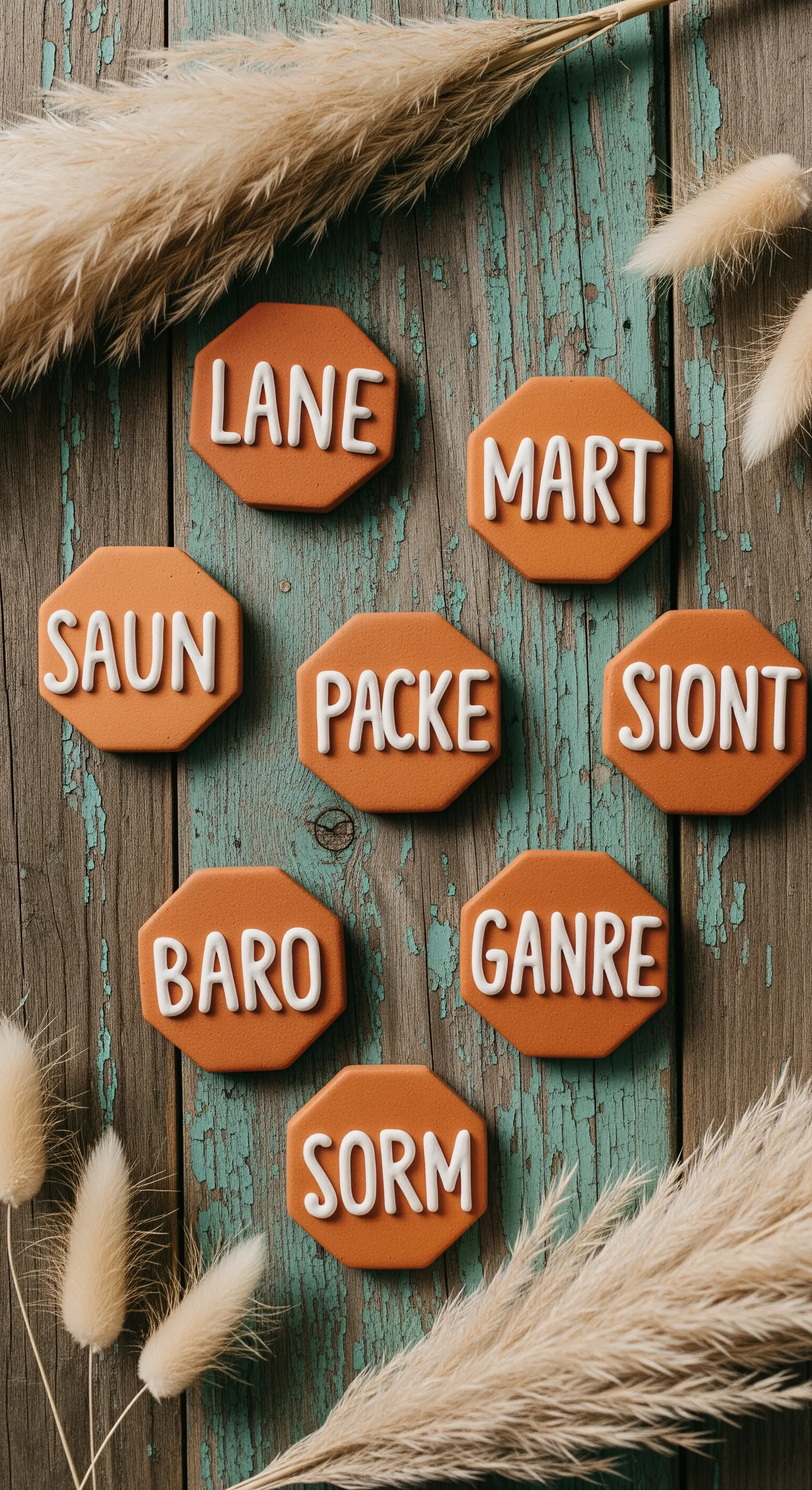 Piastrelle ottagonali in terracotta con nomi scritti in bianco a rilievo, su fondo di legno.