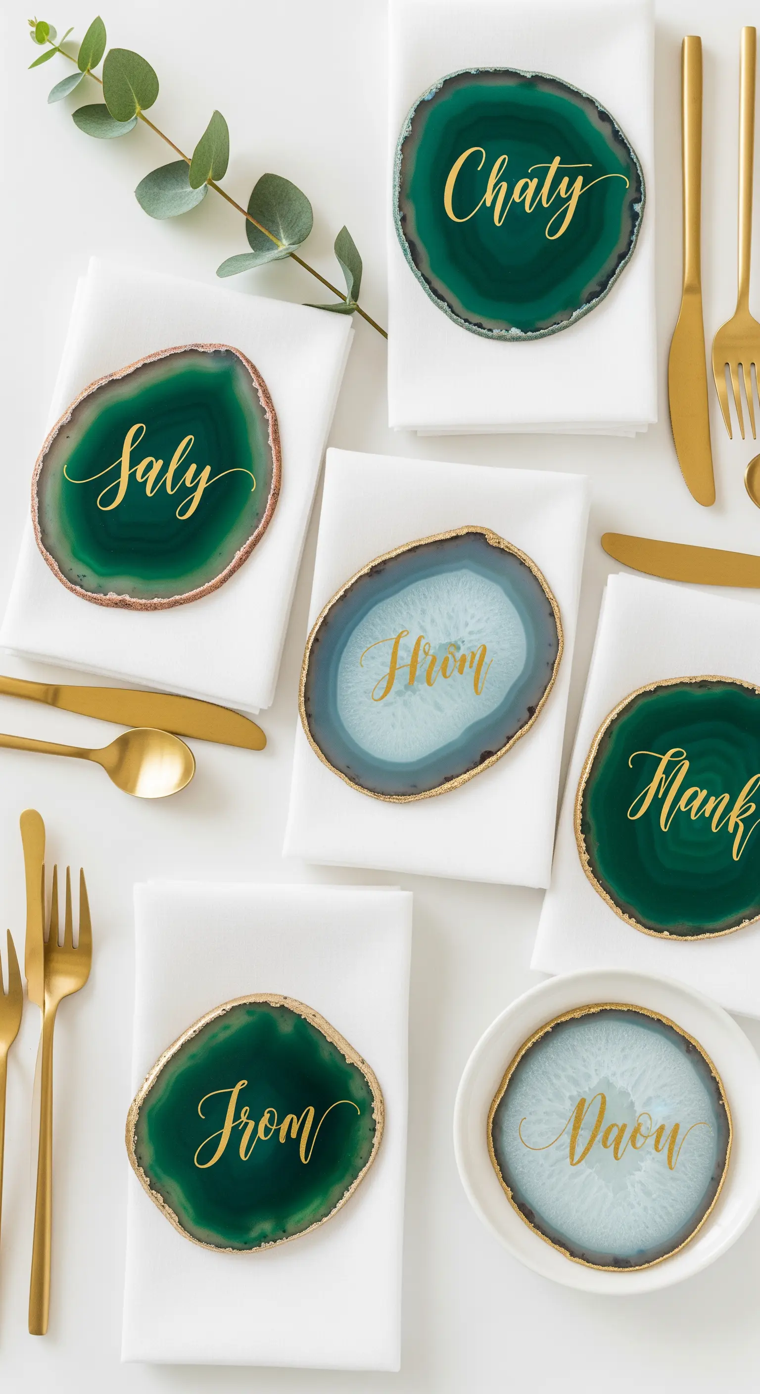Segnaposto realizzati con fette di agata verde e nomi scritti in calligrafia dorata.