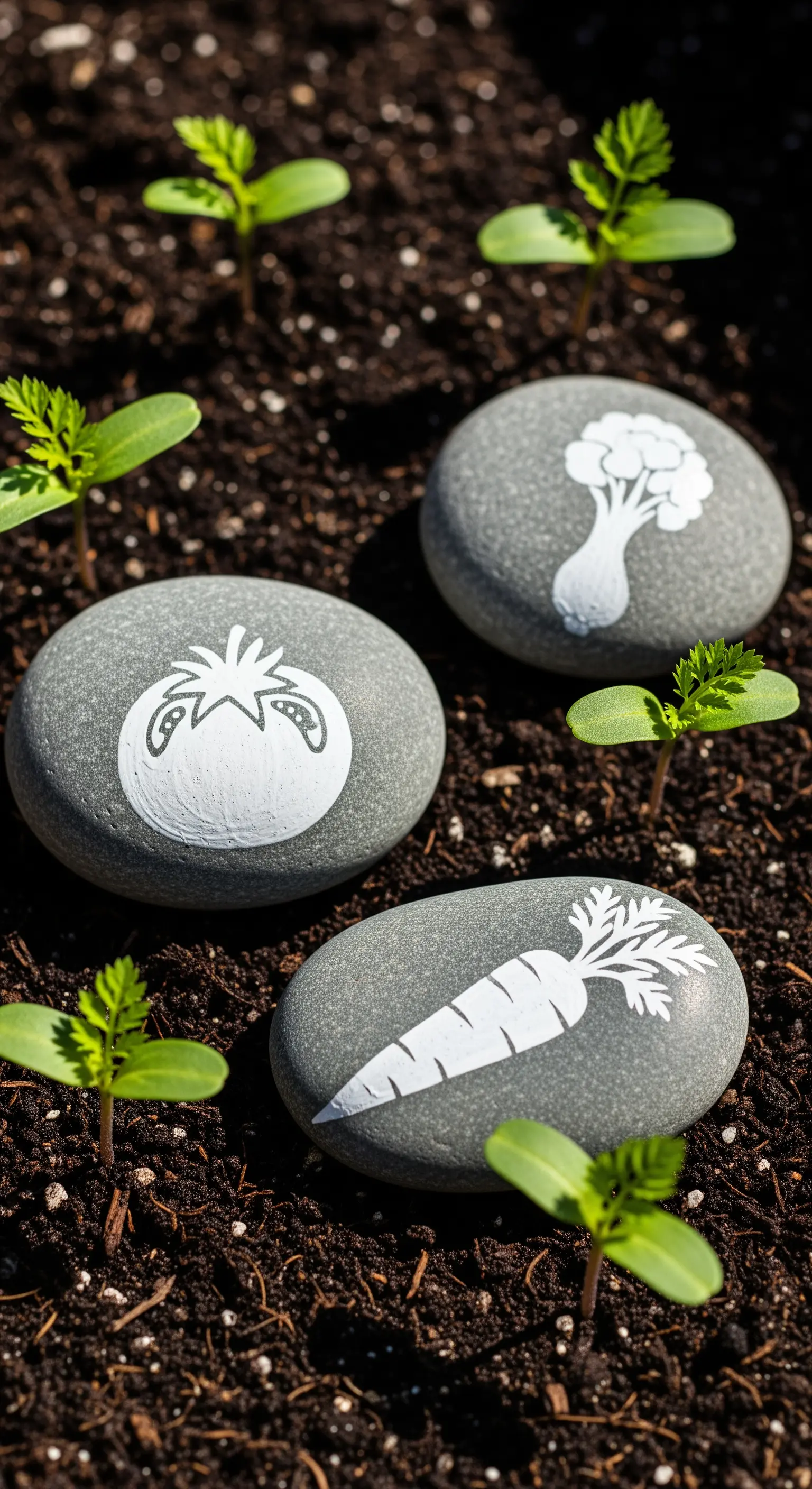 Sassi di fiume grigi dipinti con icone bianche di carota, pomodoro e broccolo per l'orto.