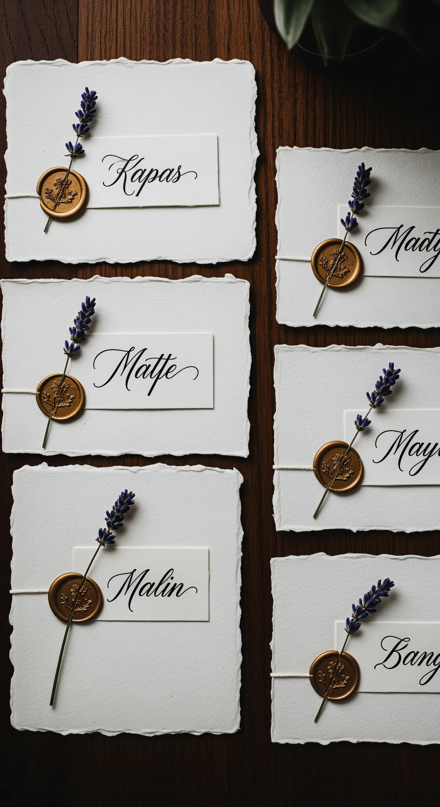 Segnaposto eleganti su carta a mano con nomi calligrafici, sigillo in ceralacca e rametto di lavanda