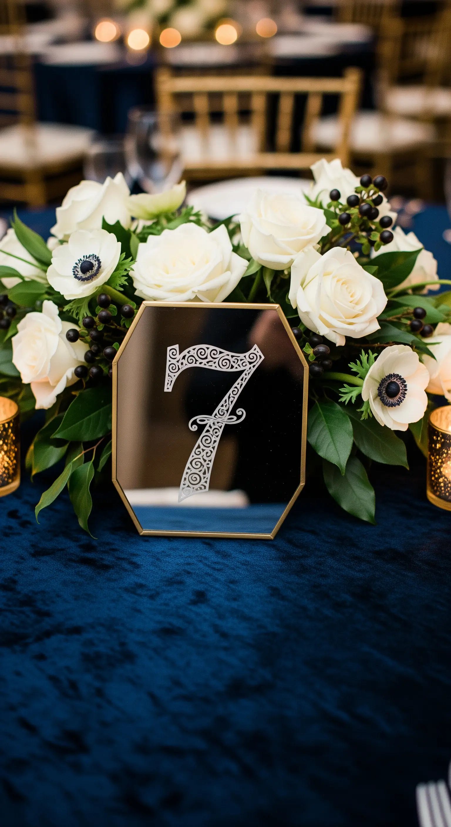 Segnatavolo a forma di specchio ottagonale con numero scritto in bianco.