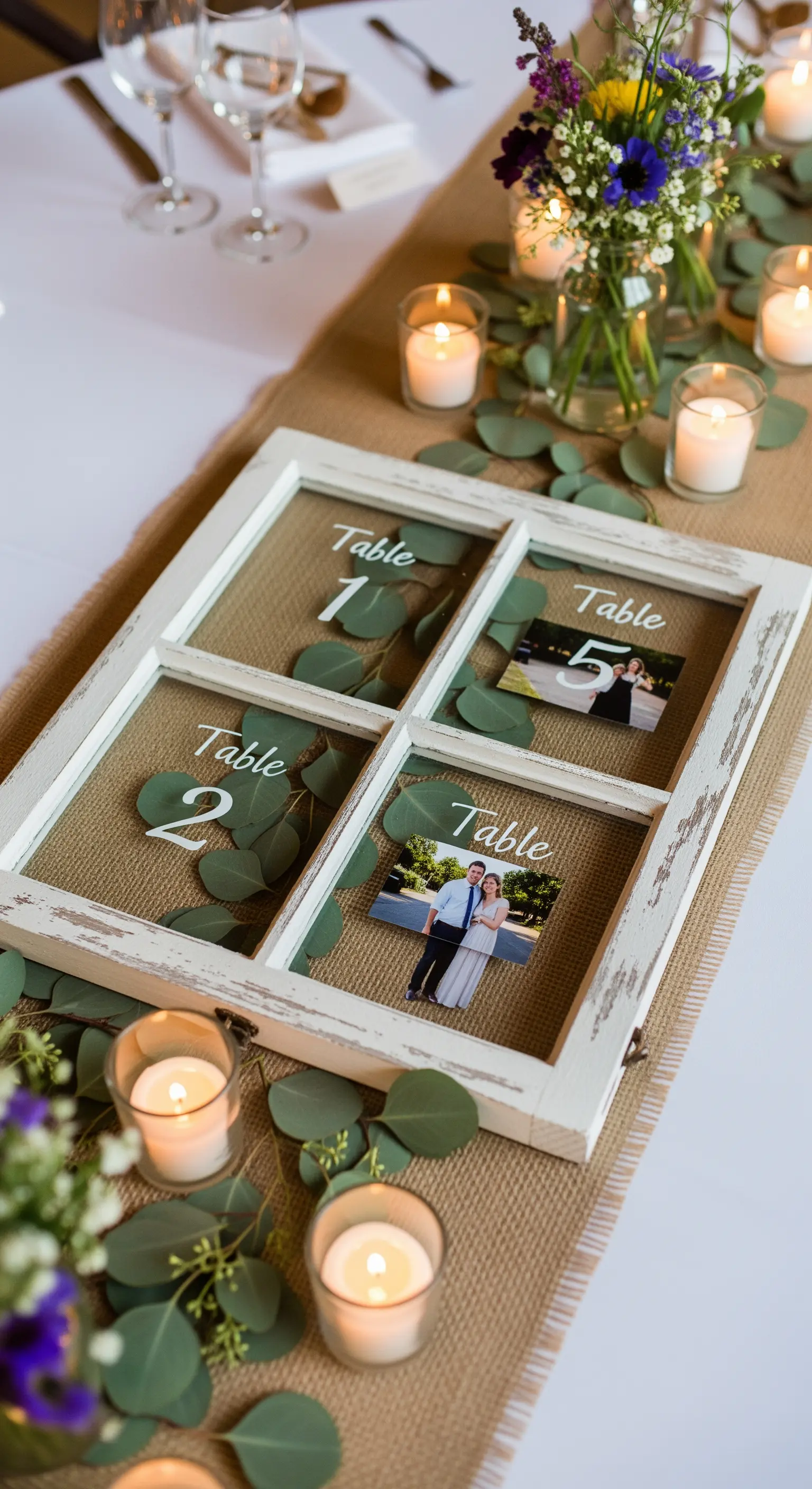 Piccola finestra bianca usata come centrotavola per un matrimonio, con numeri dei tavoli e foto.