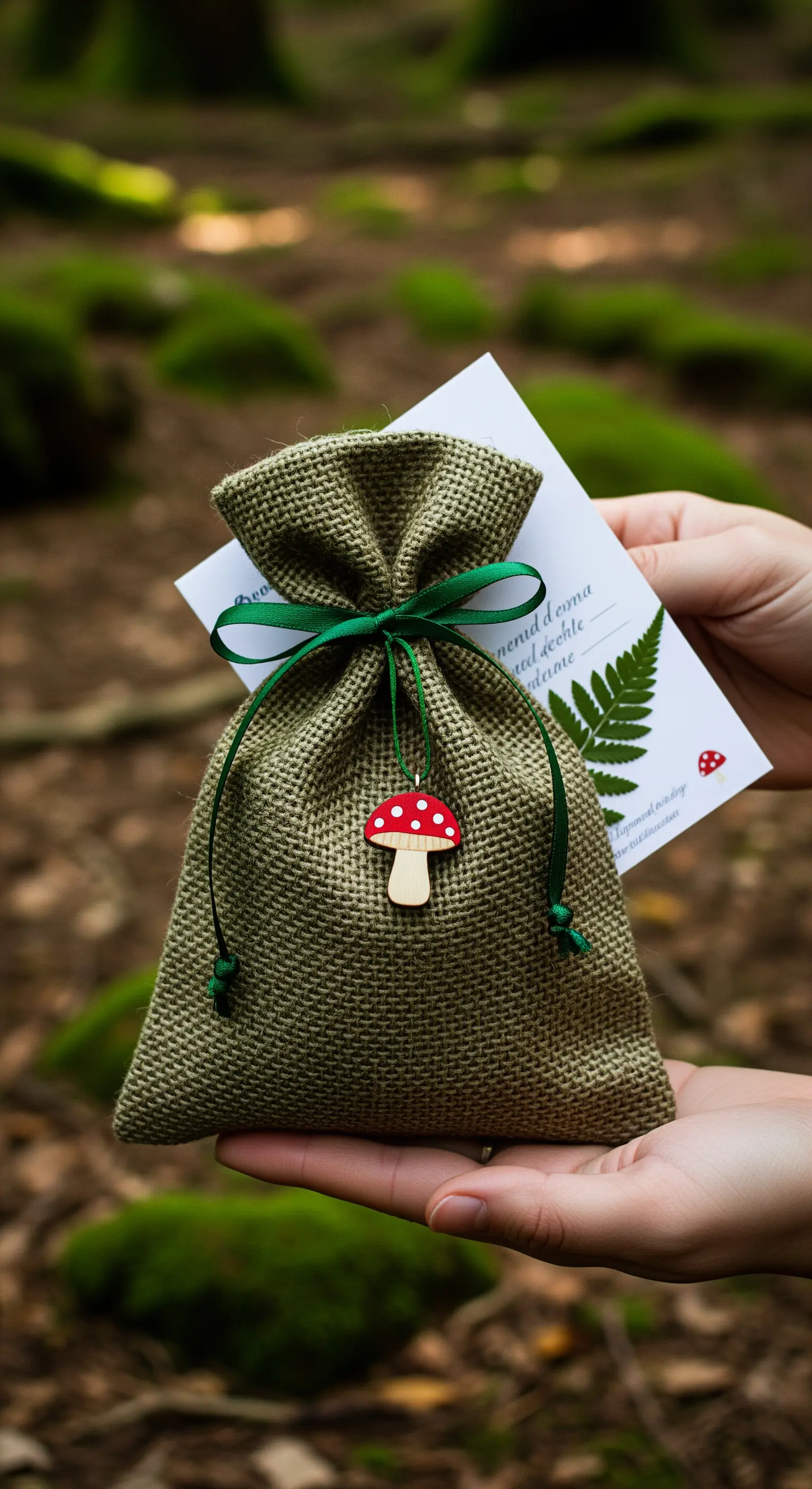 Sacchettino in juta verde decorato con un ciondolo a forma di fungo, tenuto in mano nel bosco.