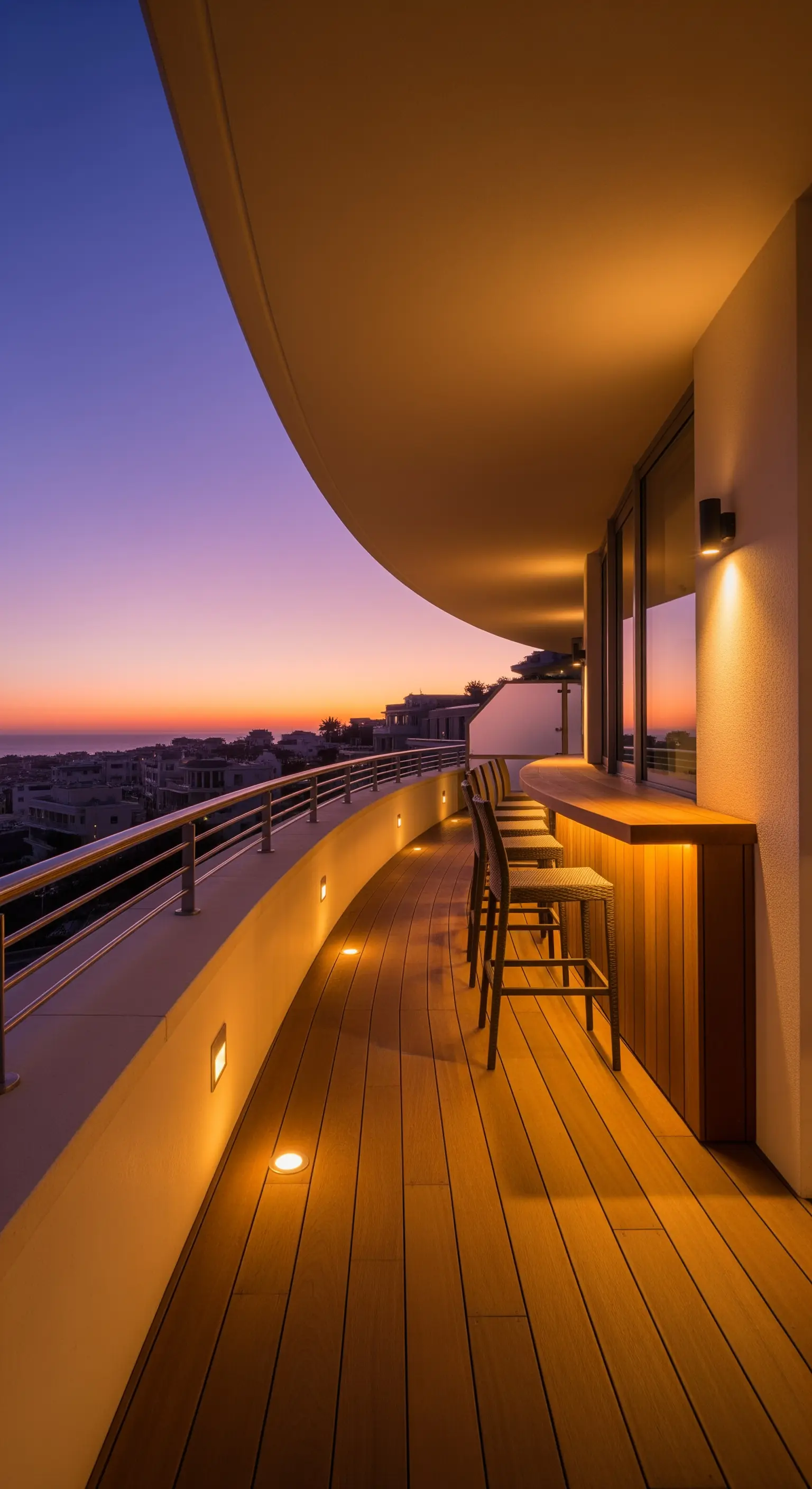 Balcone curvo con pavimento in legno, bancone bar illuminato e vista sul tramonto