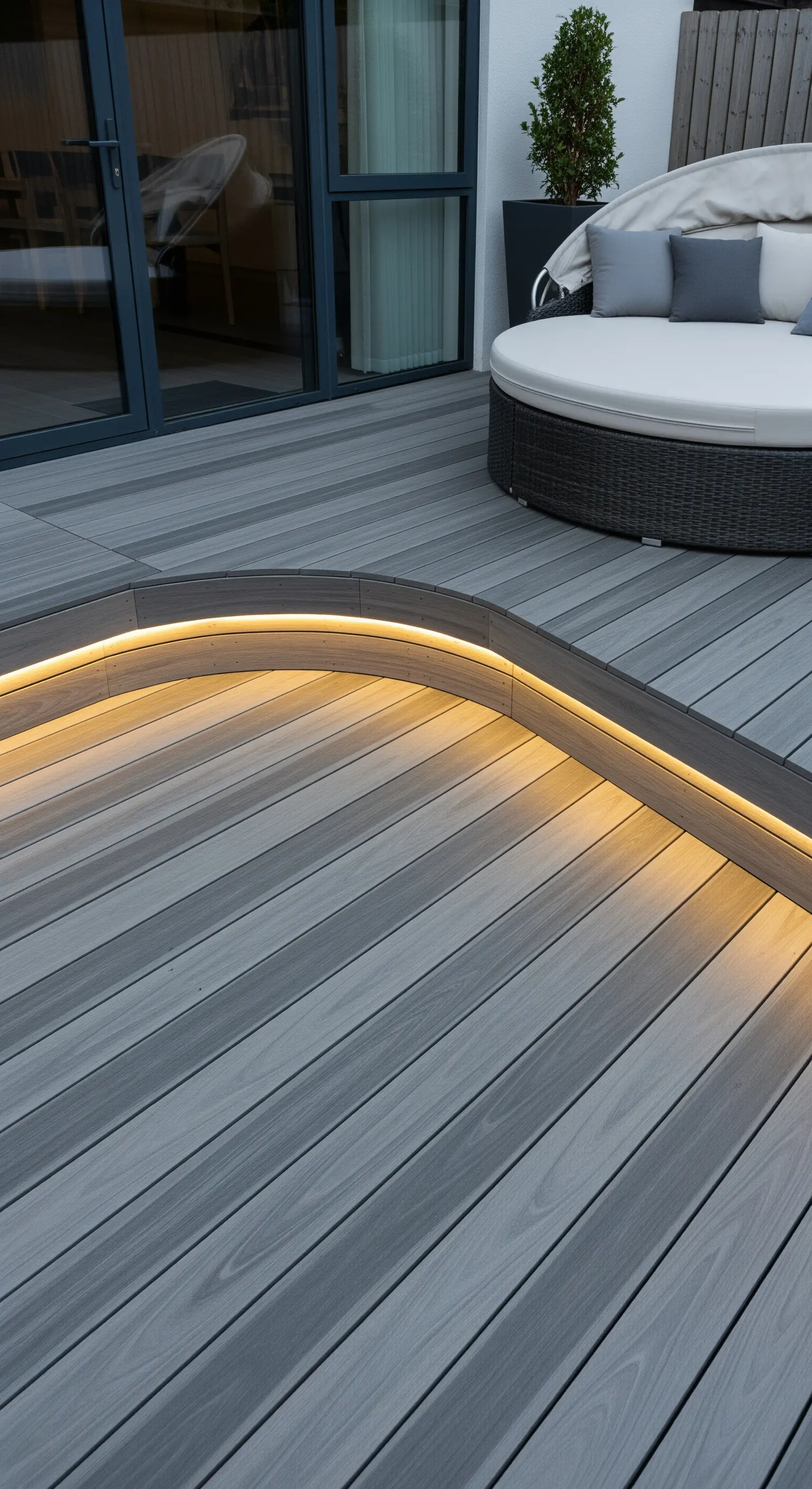 Pavimento curvo in legno composito grigio con una striscia LED calda che ne segue la forma
