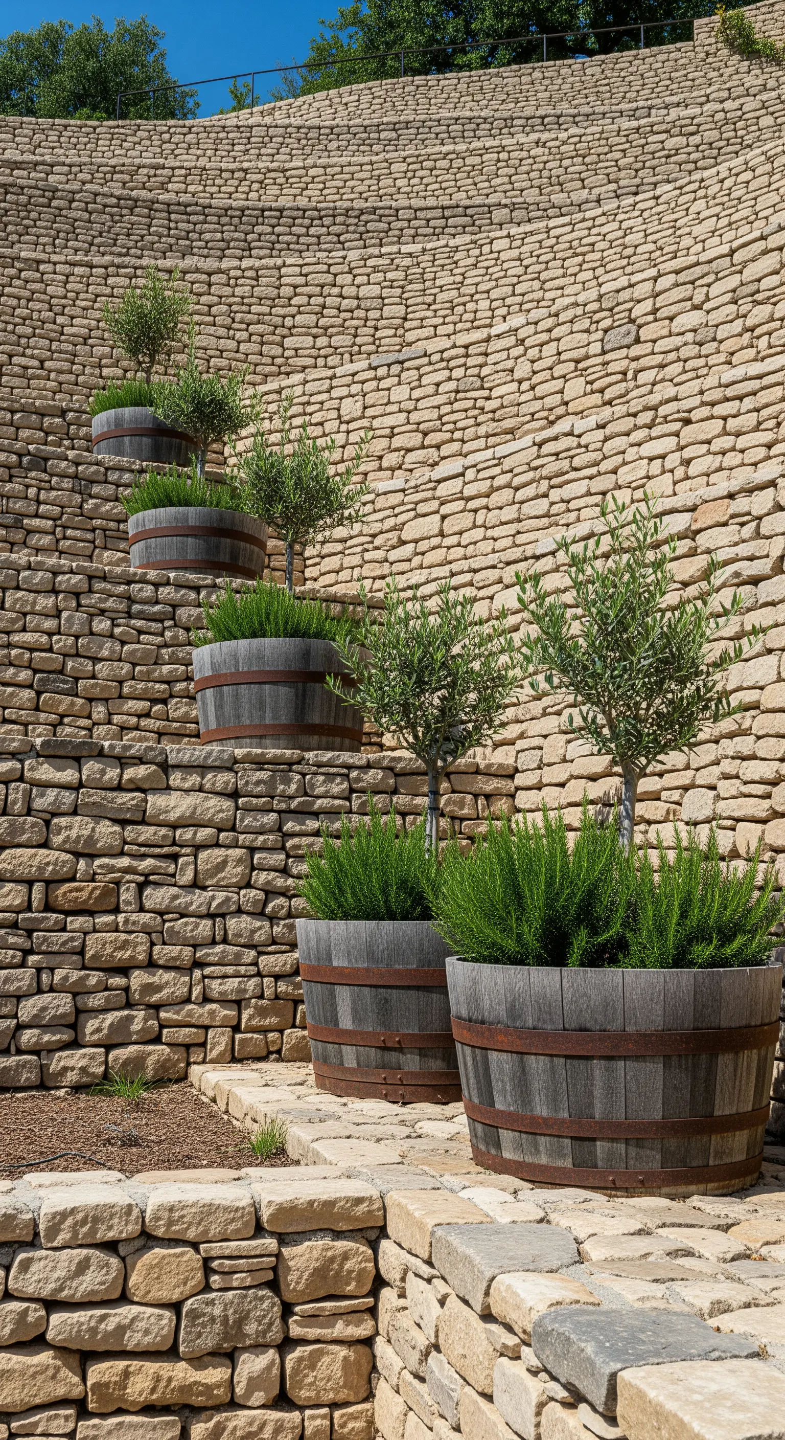 Fioriere a botte con ulivi e rosmarino disposte su una scalinata in pietra.