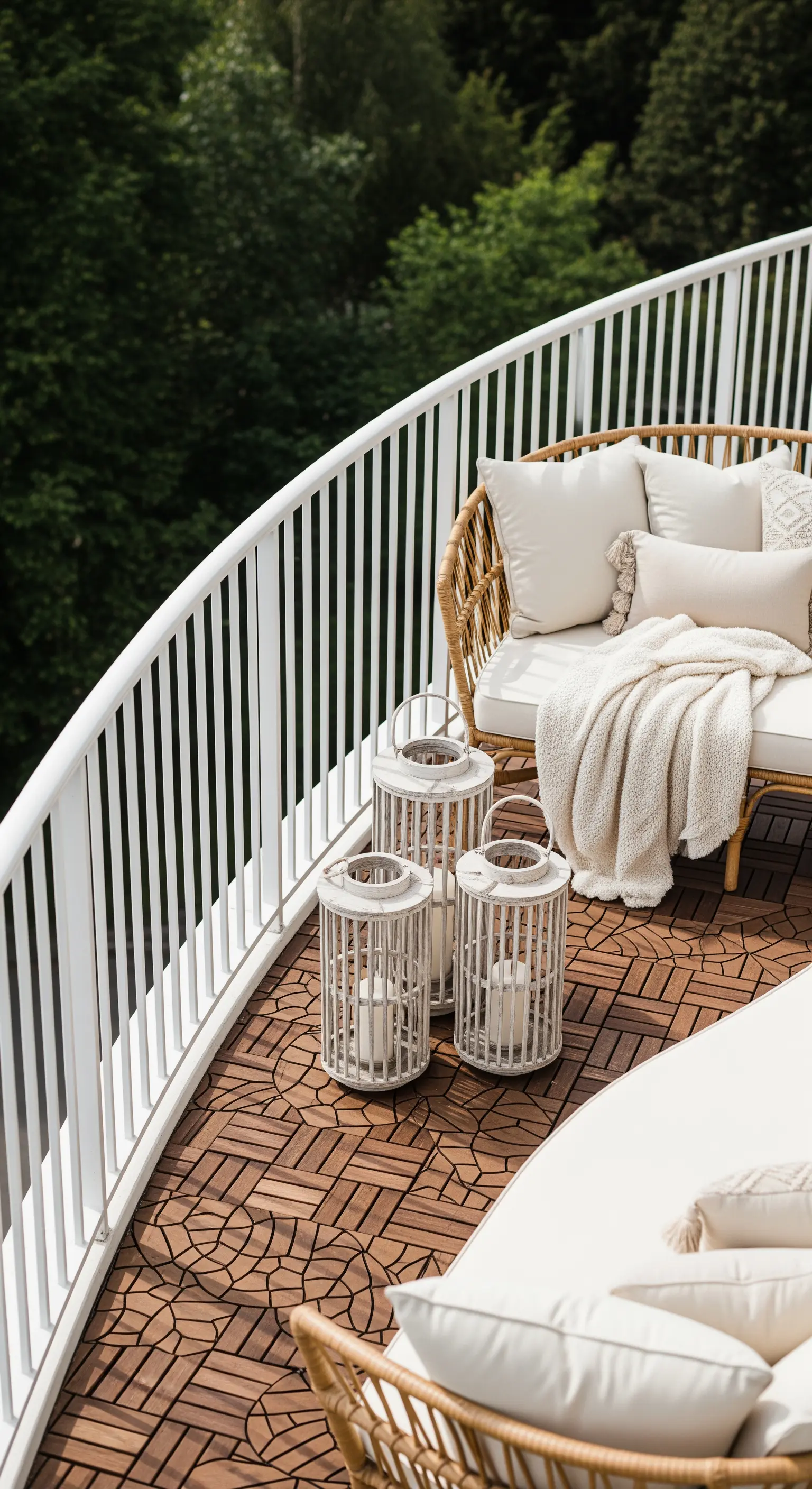 Balcone curvo con divani in rattan, cuscini chiari e un gruppo di lanterne bianche.