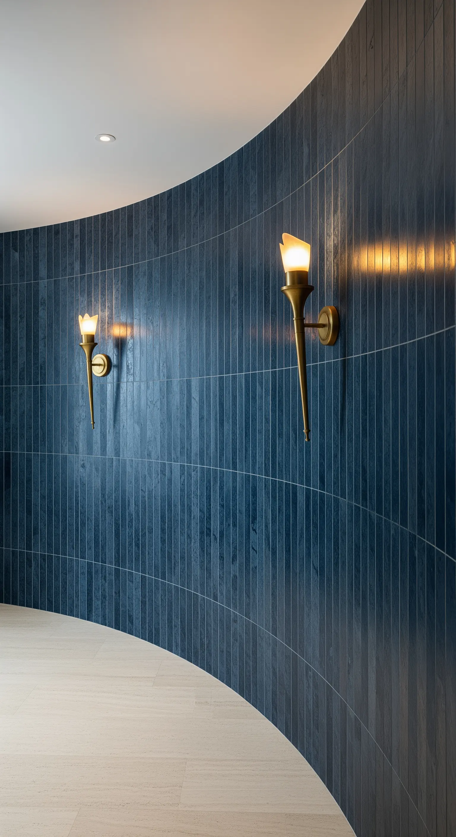 Parete curva con piastrelle blu verticali e applique dorate a forma di torcia.