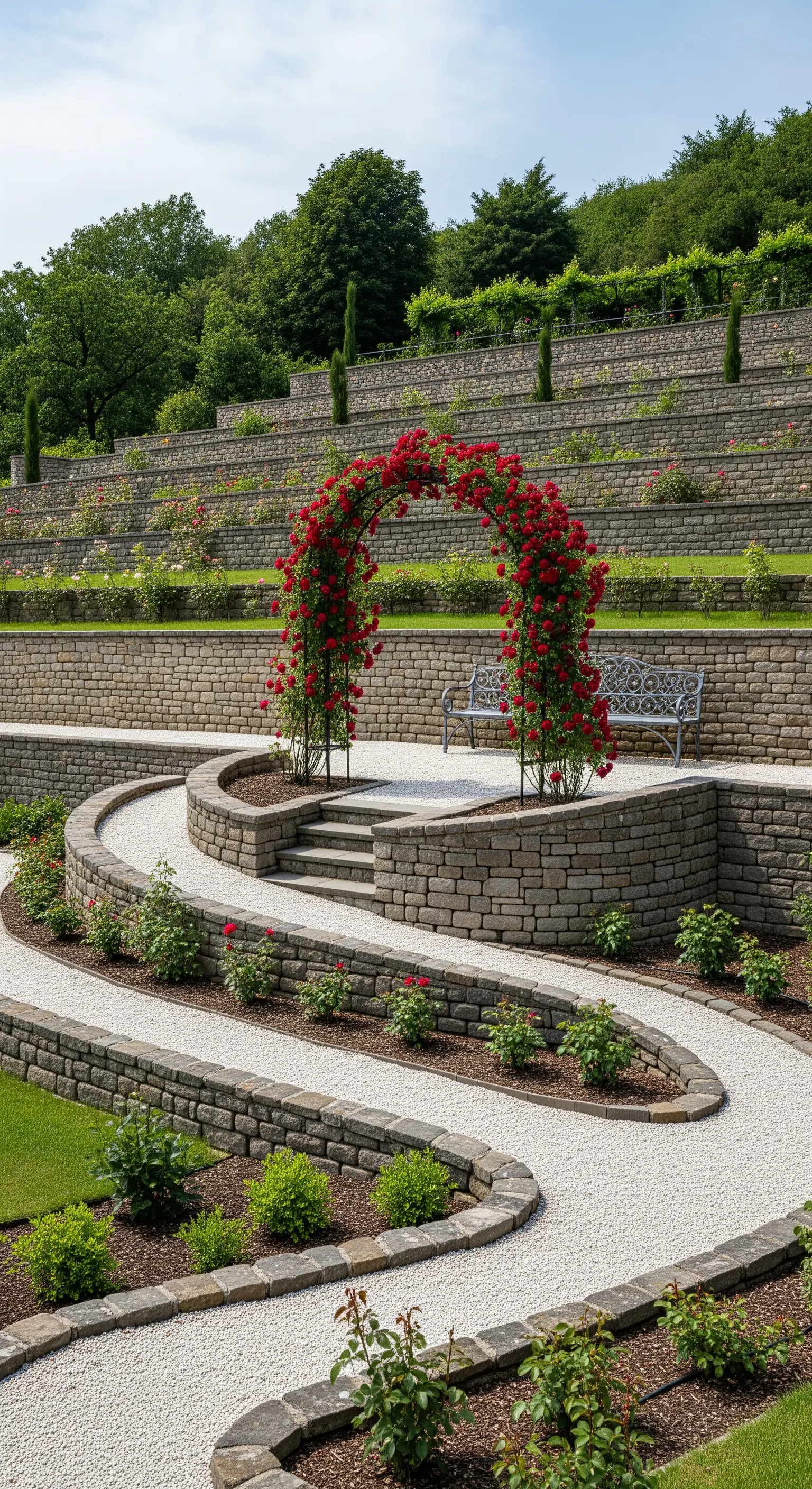 Giardino terrazzato con sentiero curvo in ghiaia e arco di rose rosse su un livello superiore.