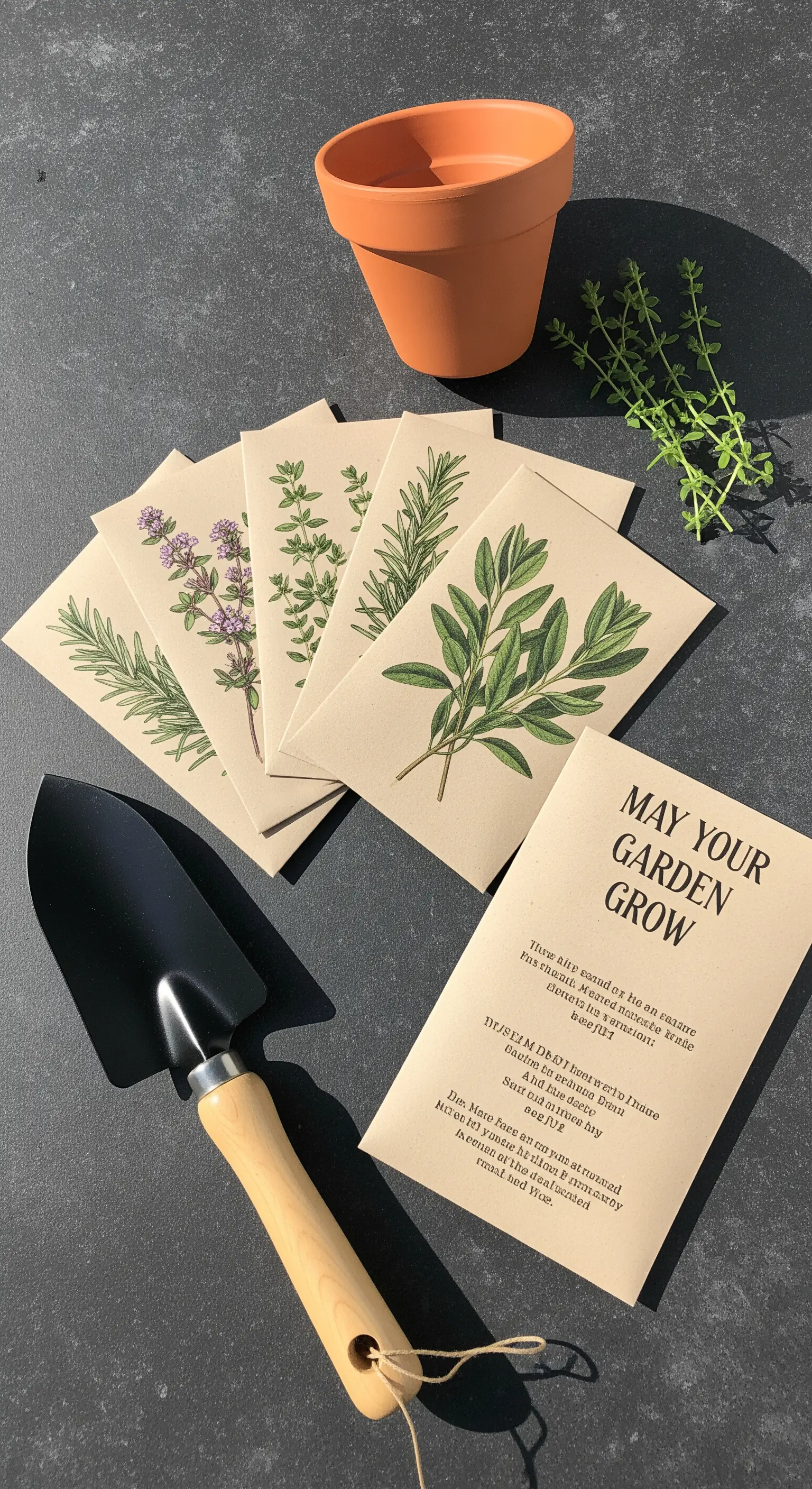 Kit regalo con bustine di semi di erbe aromatiche, vaso di terracotta e paletta.