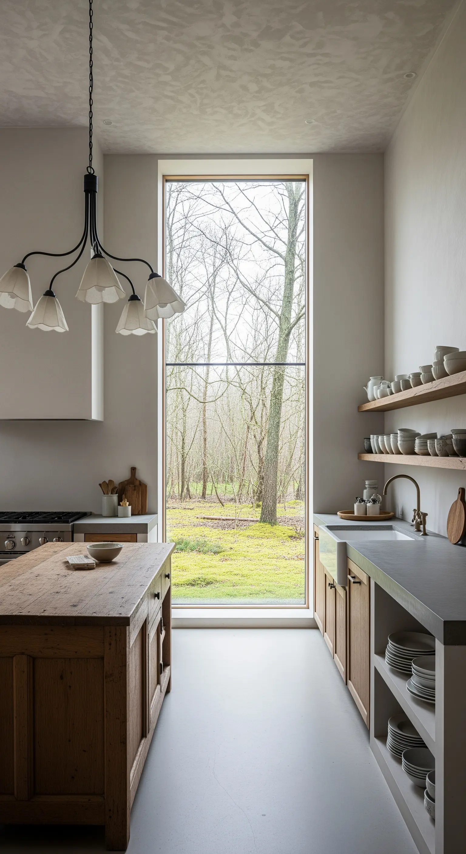 Cucina minimalista con isola in legno, mensole a vista e lampadario a bracci neri
