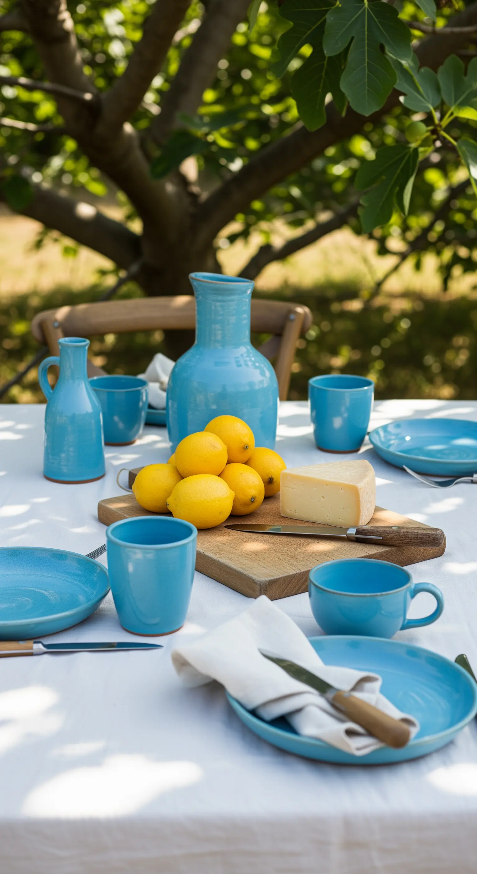 Tavola rustica con caraffa e piatti turchesi, e un tagliere con limoni e formaggio.