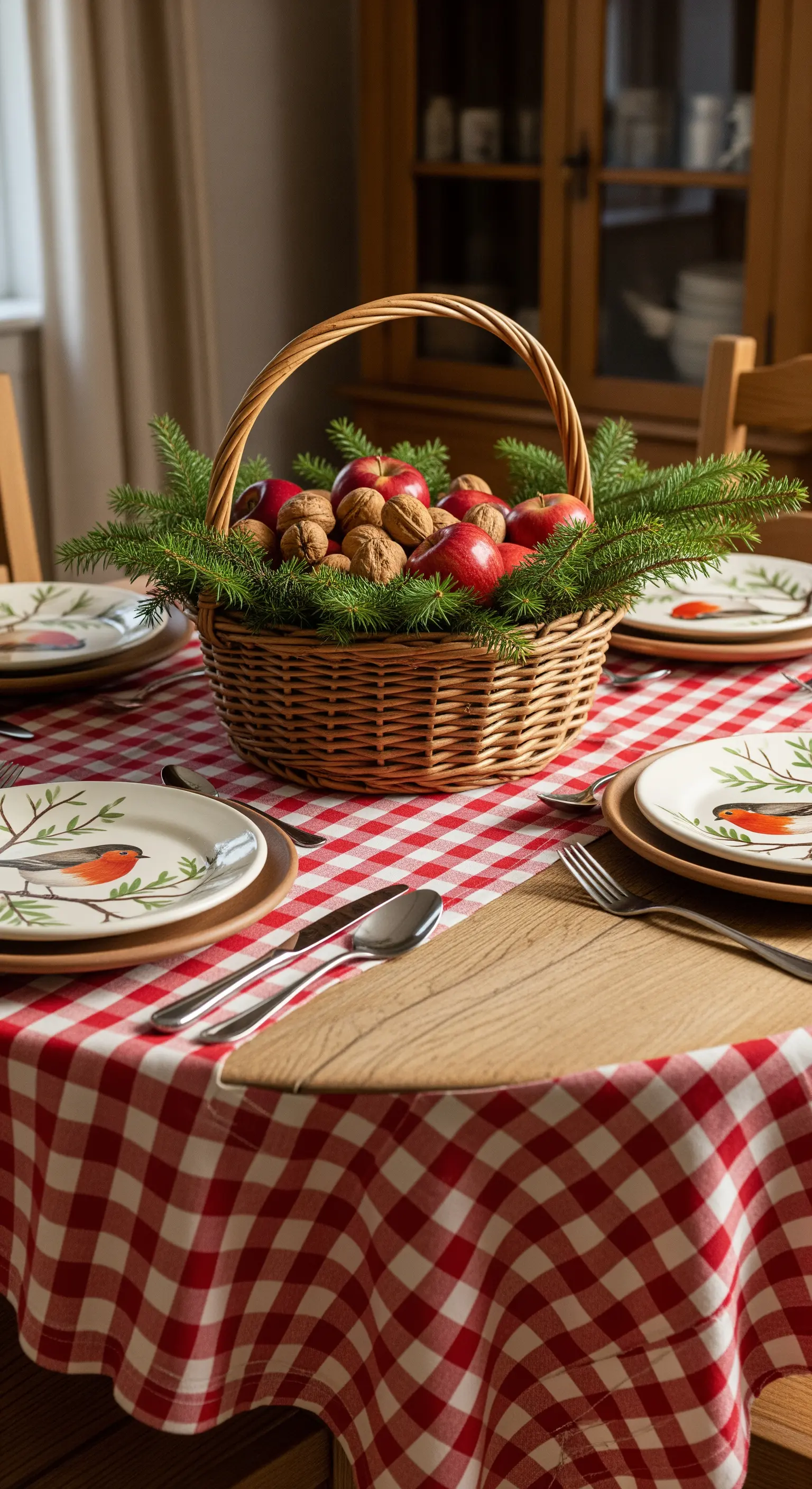 Tavola di Natale in stile country con tovaglia a quadri, cesto di mele e piatti con pettirosso.