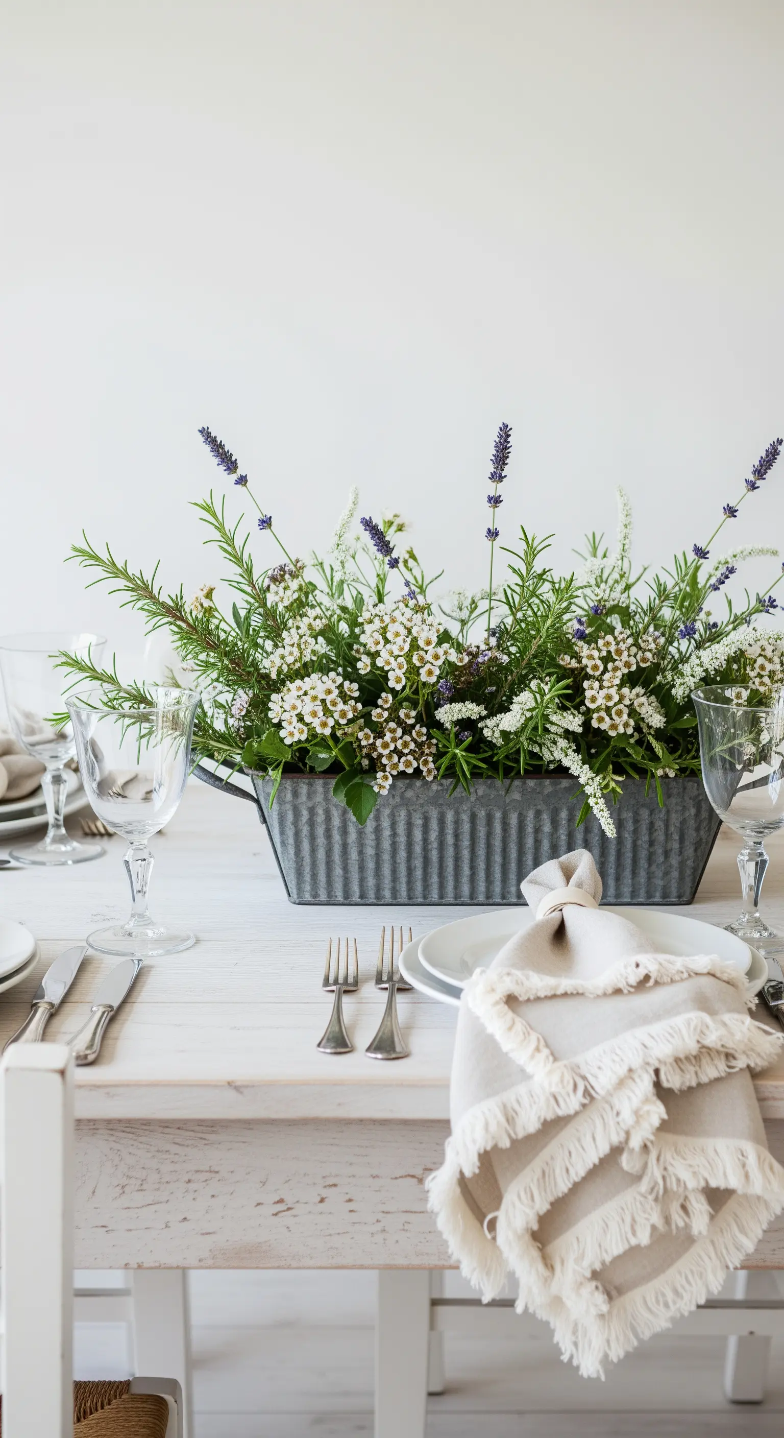 Centrotavola rustico in un contenitore di metallo zincato con fiori di campo, lavanda e rosmarino.