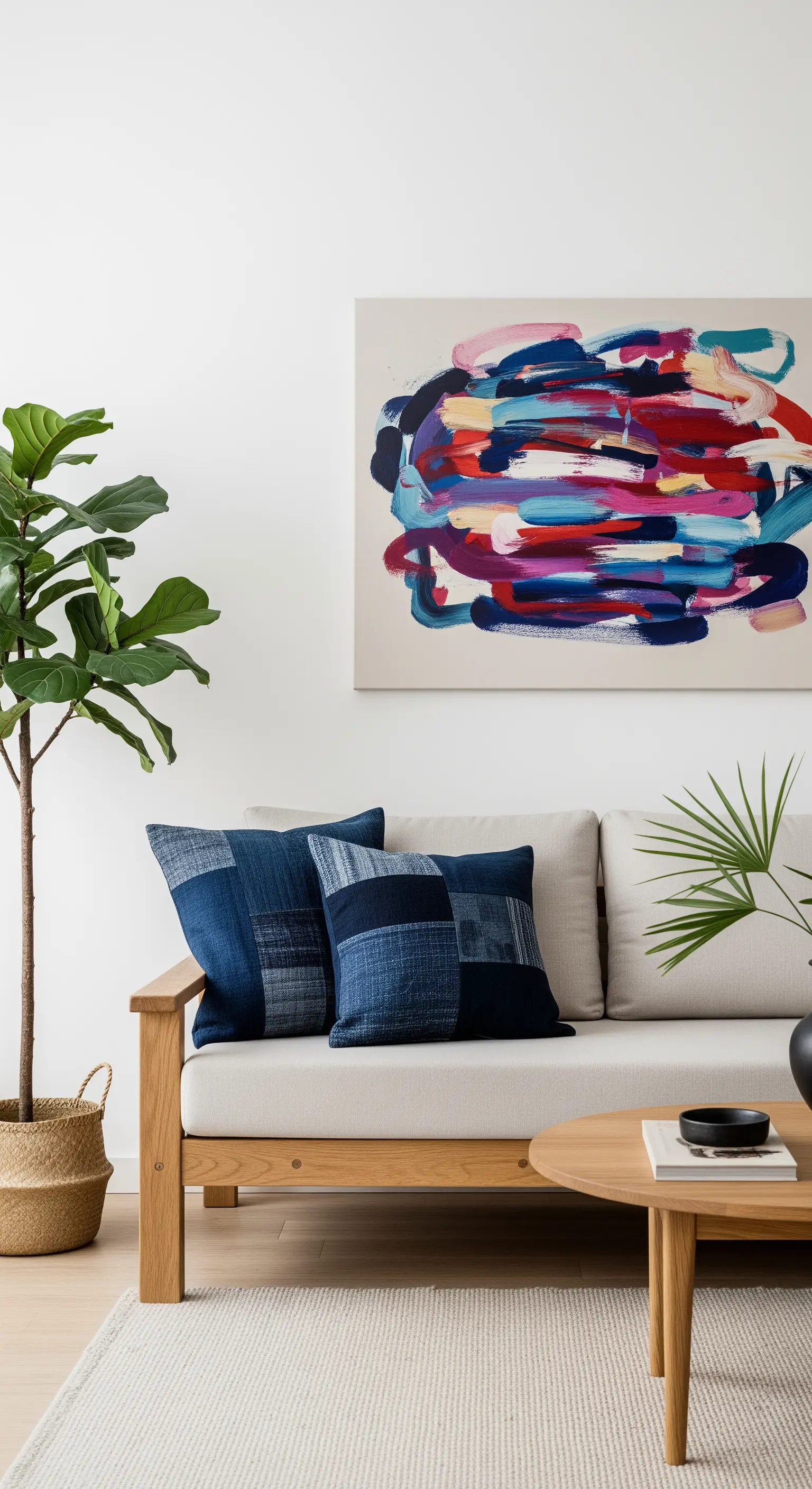 Divano in legno chiaro con cuscini patchwork indaco, quadro astratto e una pianta di fico.