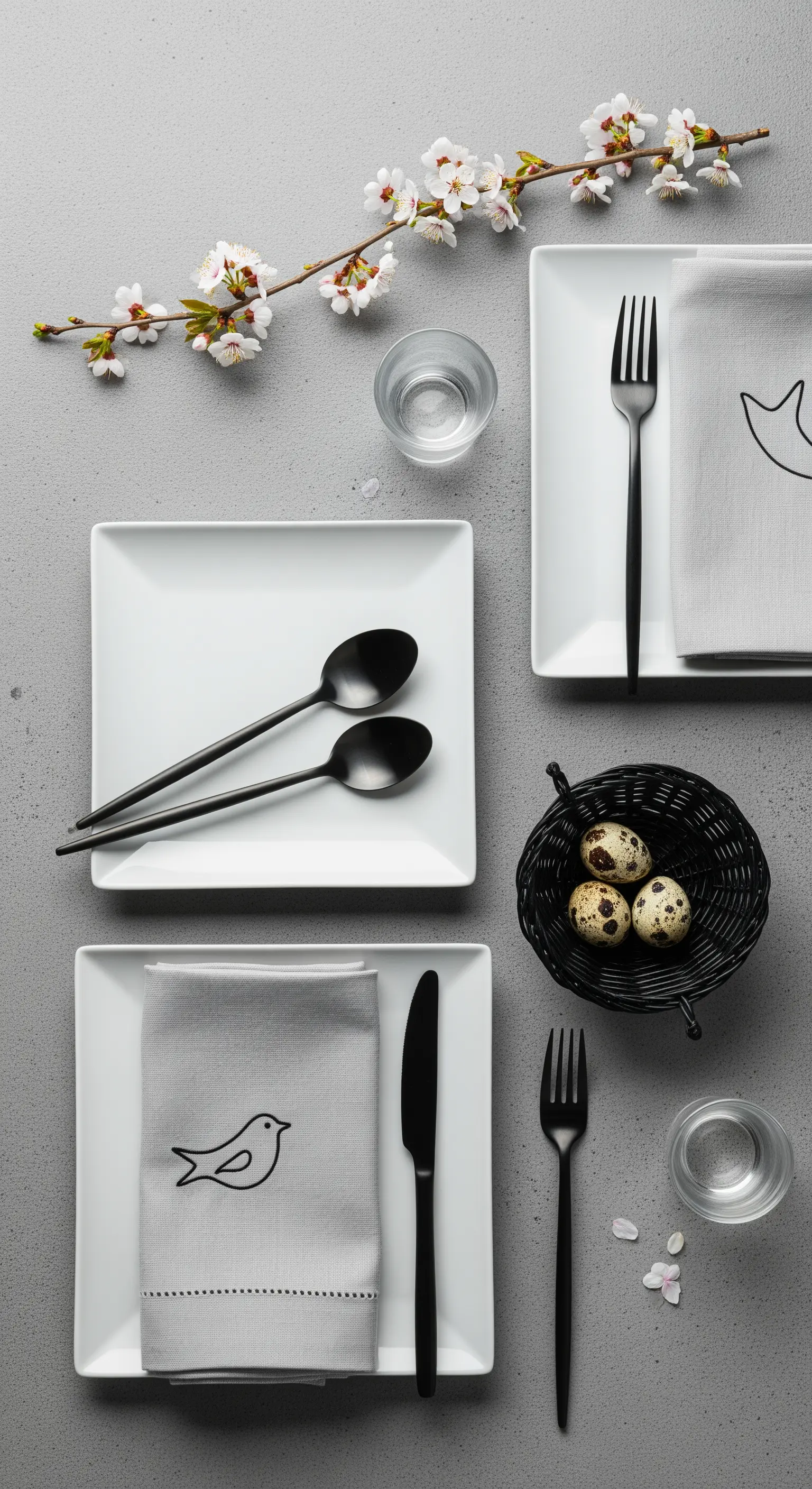 Allestimento minimalista in bianco e nero con uova di quaglia e un ramo fiorito.
