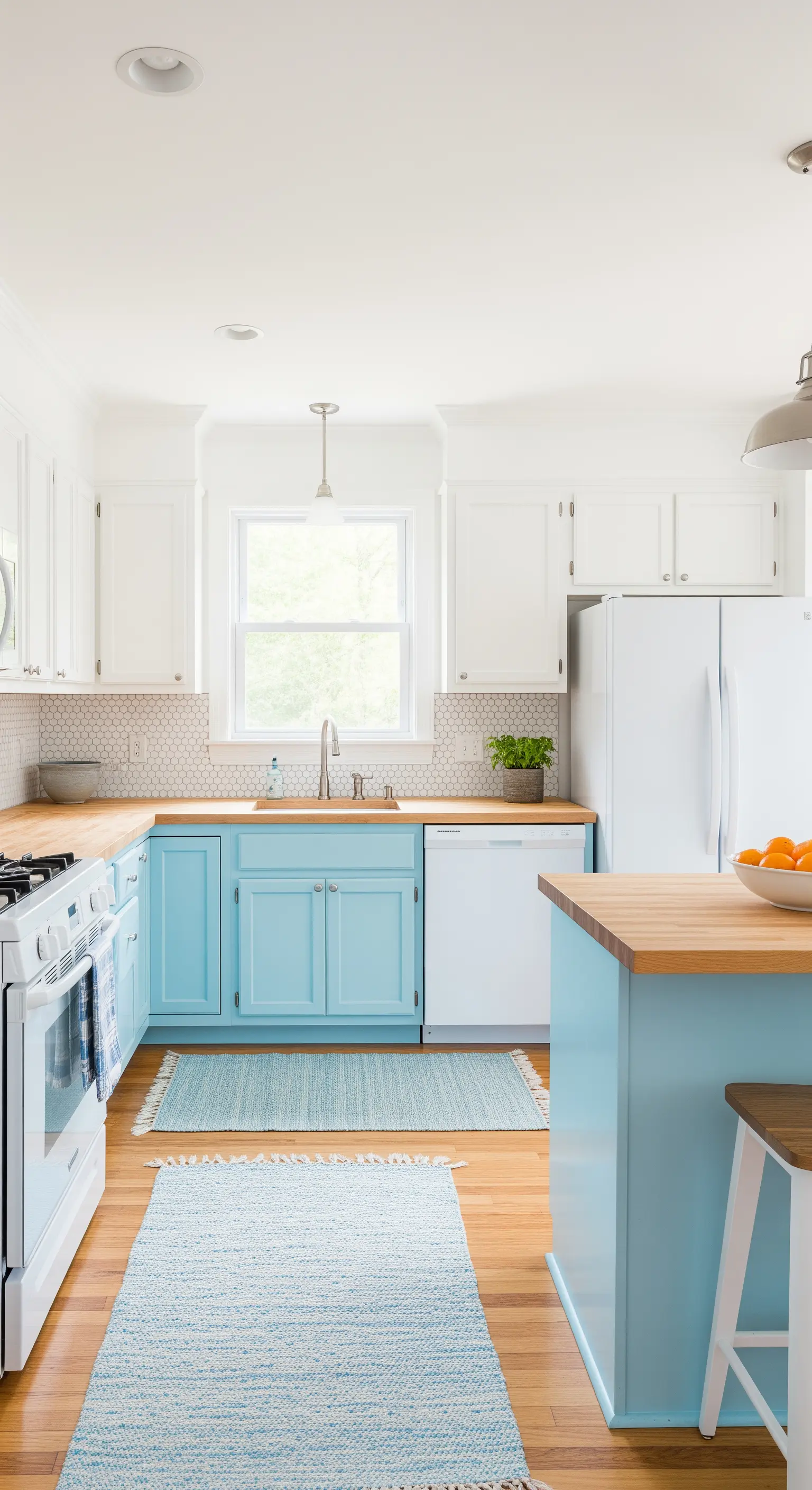 Cucina compatta con basi azzurre, pensili bianchi e top in legno chiaro.