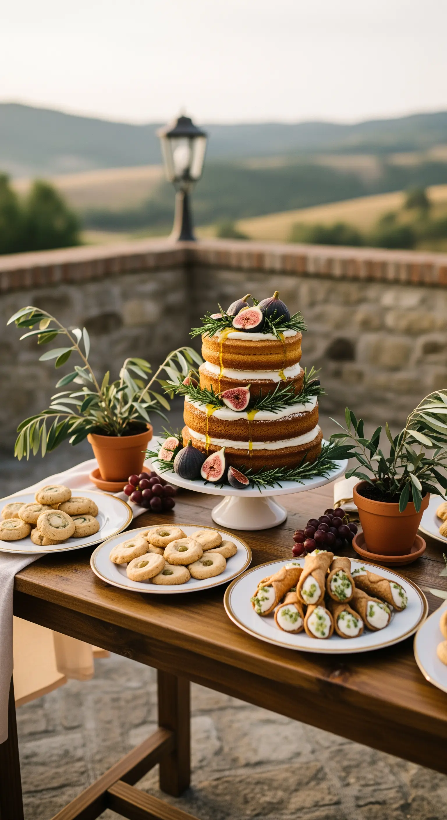 Naked cake con fichi e rosmarino su un tavolo di legno in una location mediterranea.