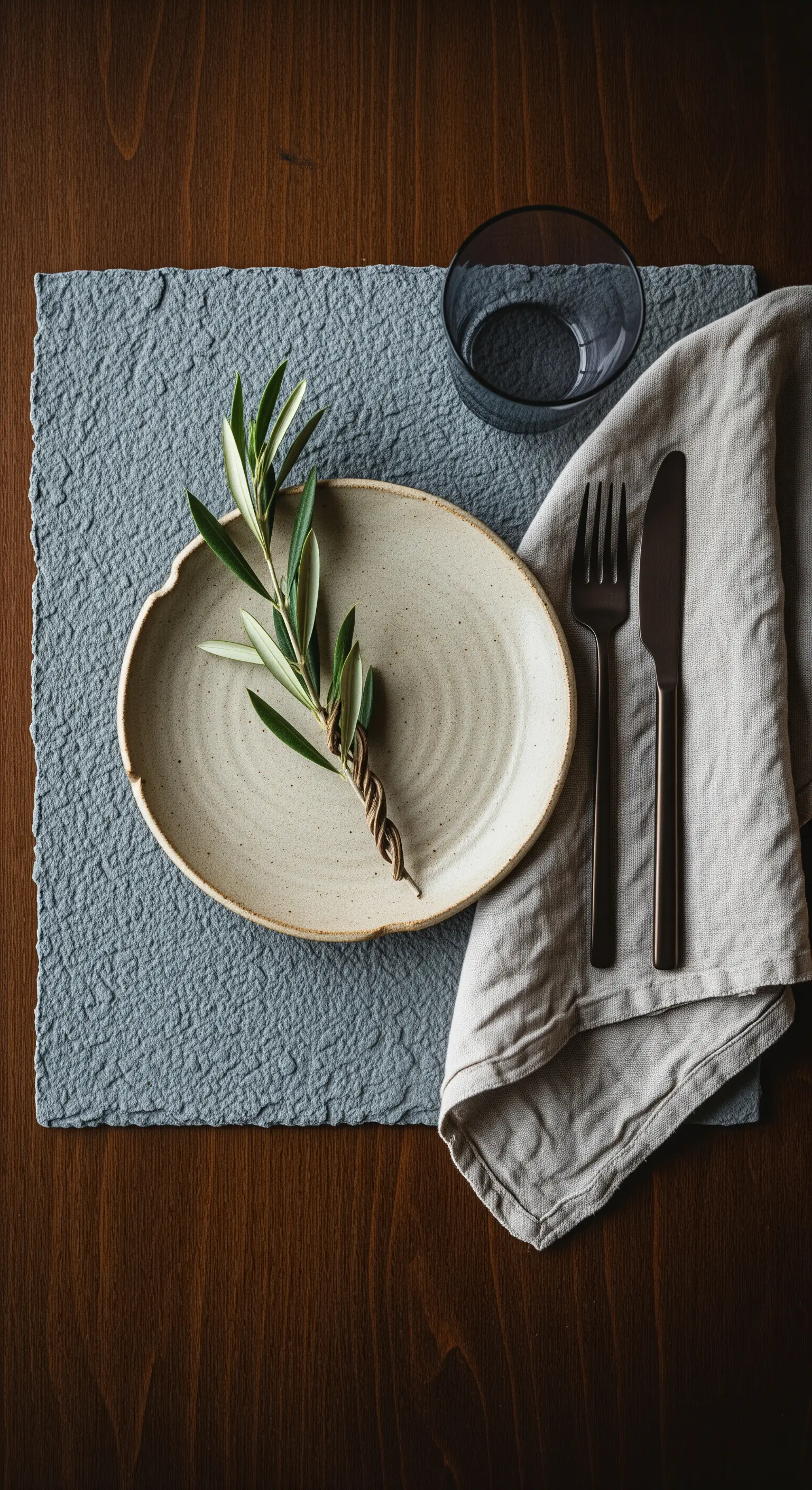Piatto in ceramica artigianale con un rametto d'ulivo, su una tovaglietta grigia texturizzata.