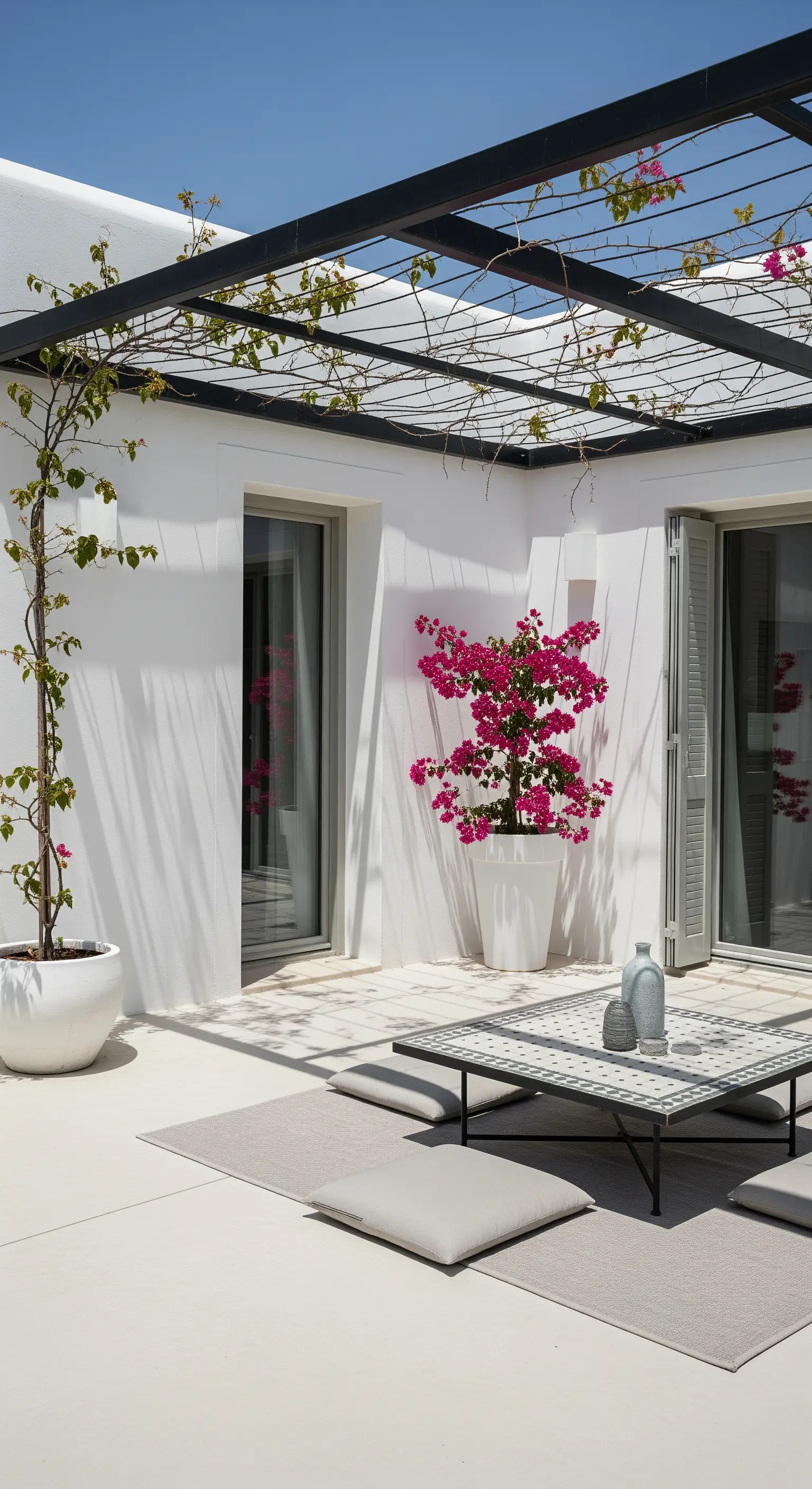 Patio minimalista bianco con pergolato nero, bouganville e sedute basse su un tappeto.