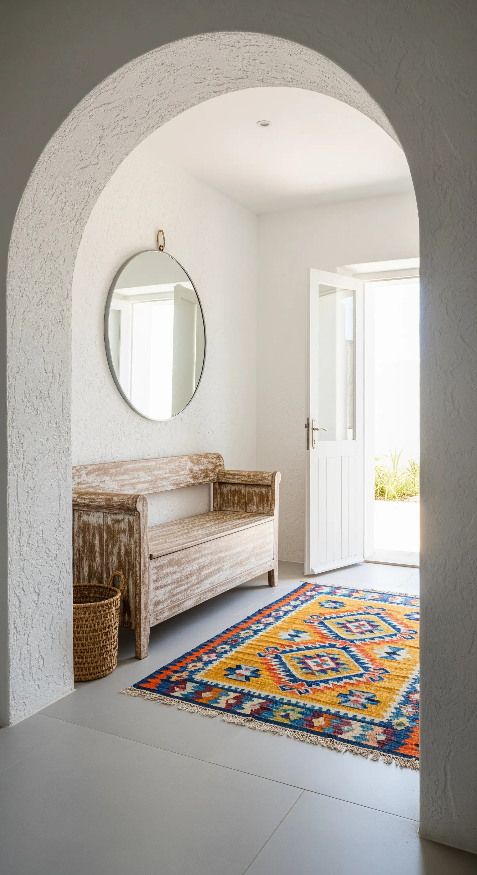 Ingresso mediterraneo con arco, panca in legno sbiancato e tappeto kilim colorato.