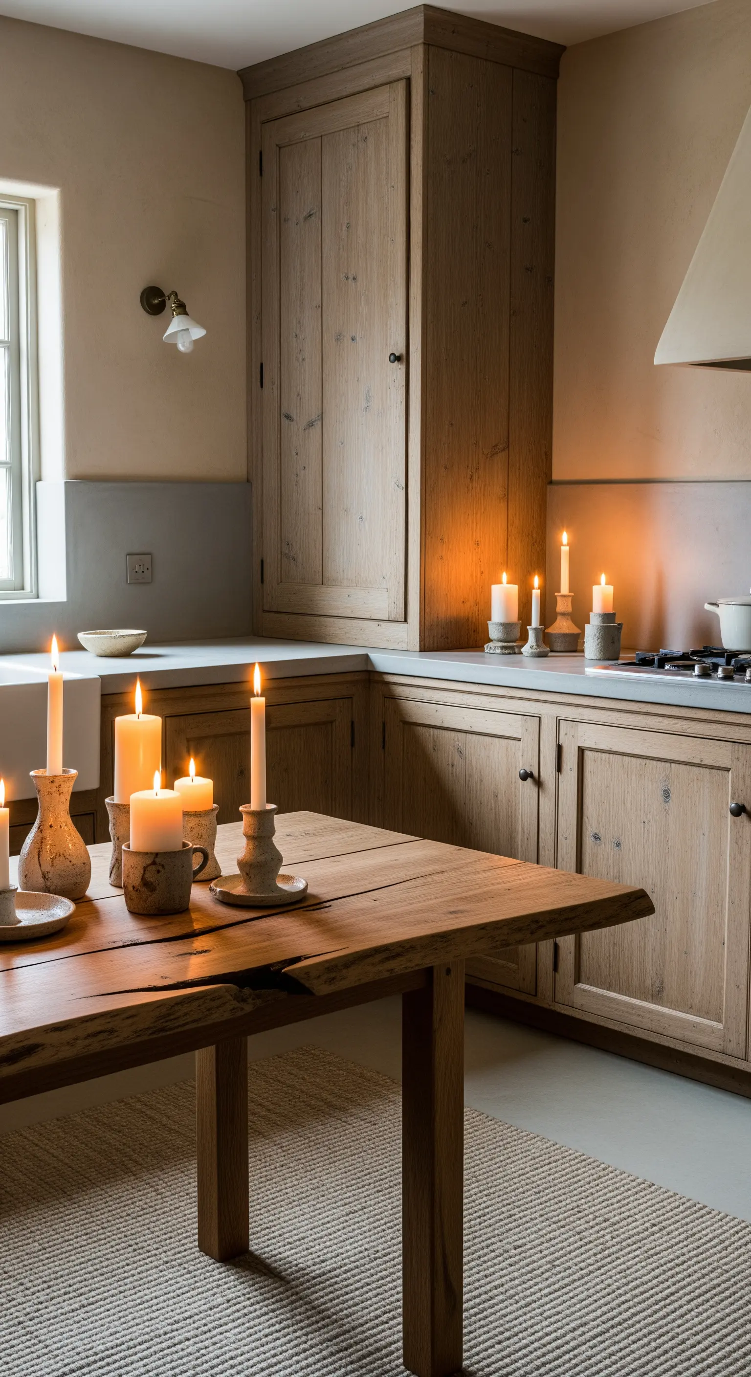 Cucina minimalista in legno grezzo illuminata solo dalla luce di numerose candele su un tavolo rustico.