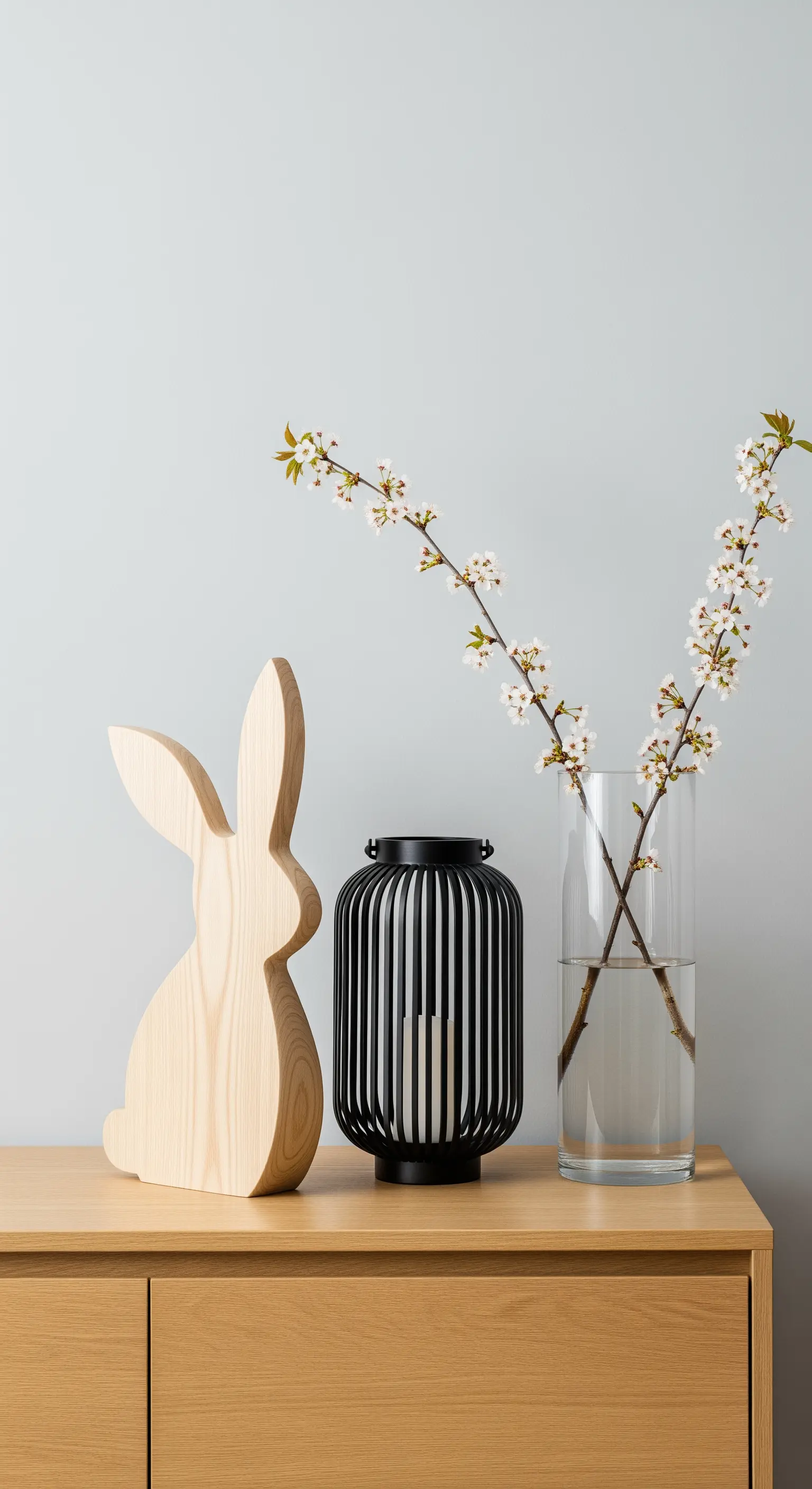 Decorazione pasquale minimalista con coniglio in legno, lanterna nera e rami di ciliegio.
