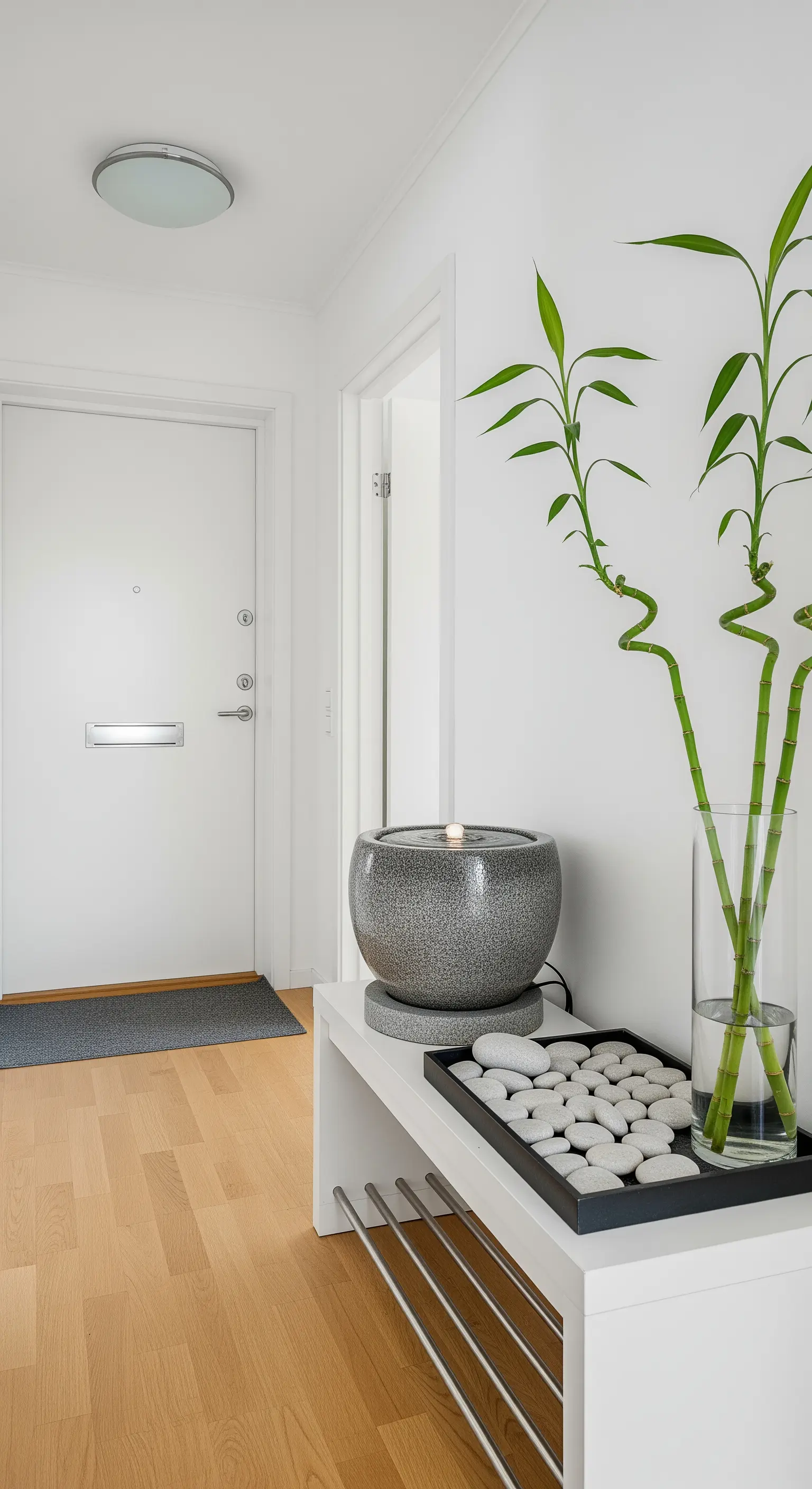 Panca bianca con una piccola fontana, ciottoli e steli di bambù in un ingresso luminoso.