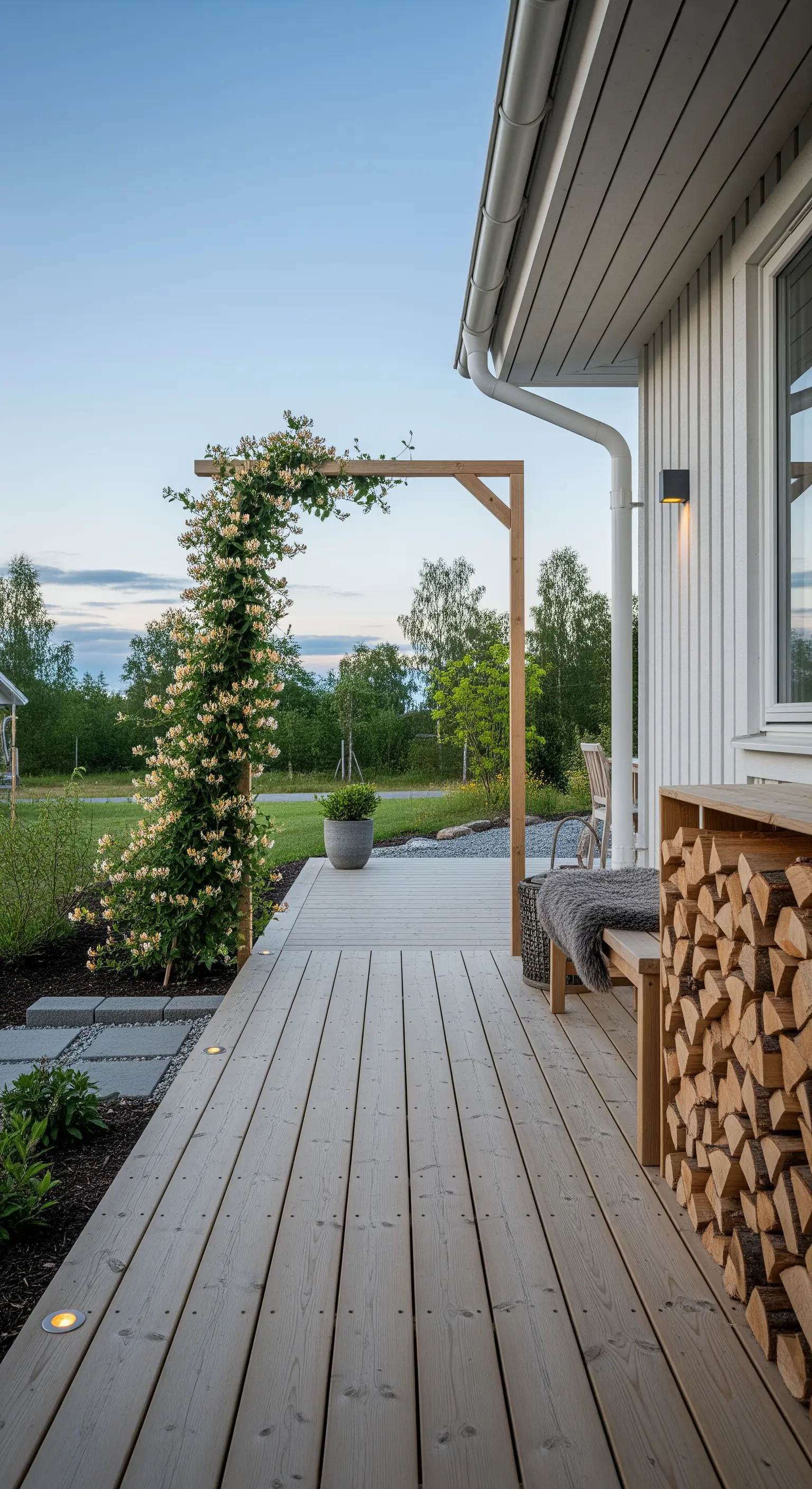 Portico scandinavo con decking in legno chiaro, panca, e un semplice arco in legno.