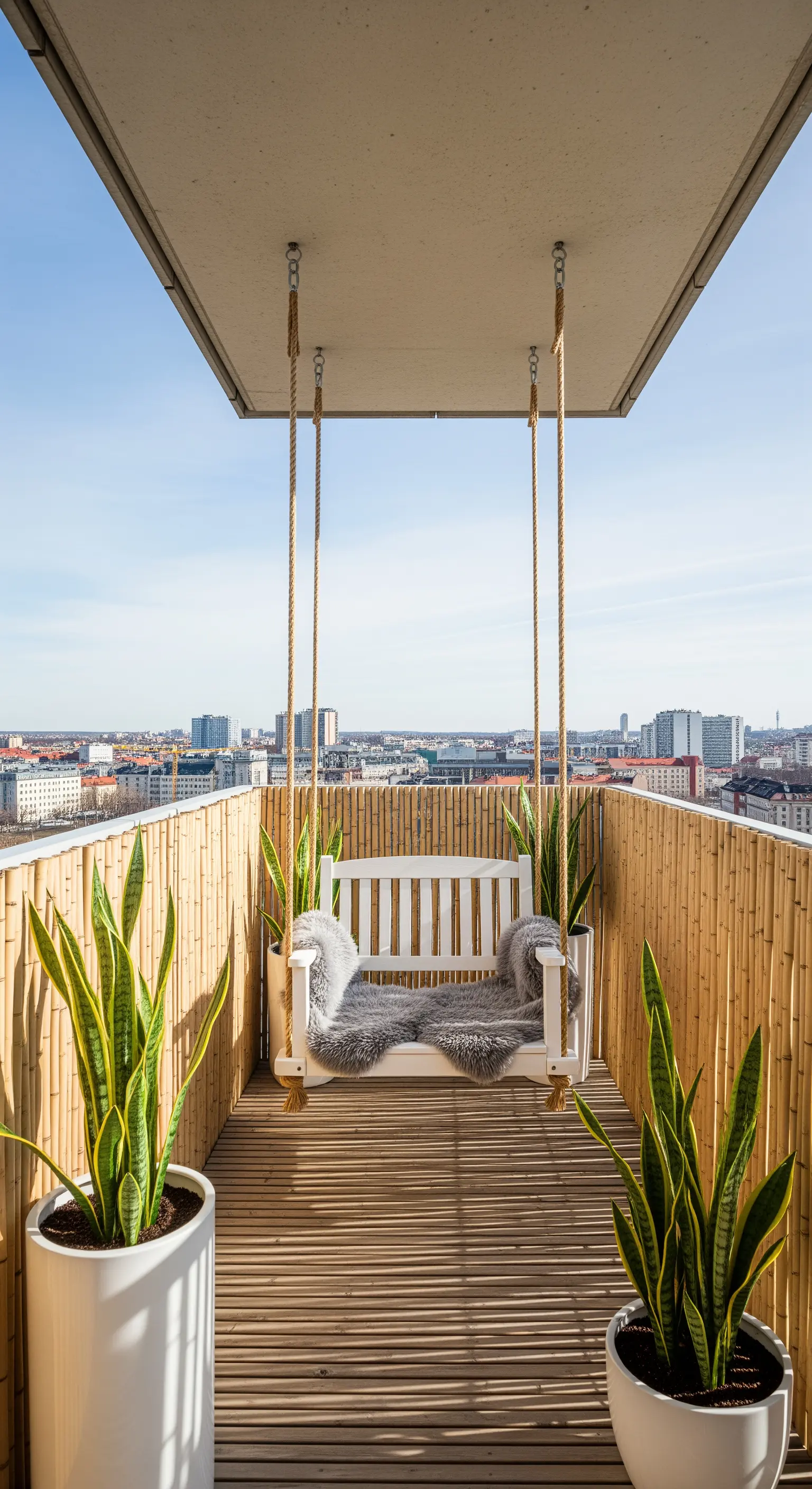 Dondolo bianco sospeso su un balcone con pavimento in legno e piante di Sansevieria.