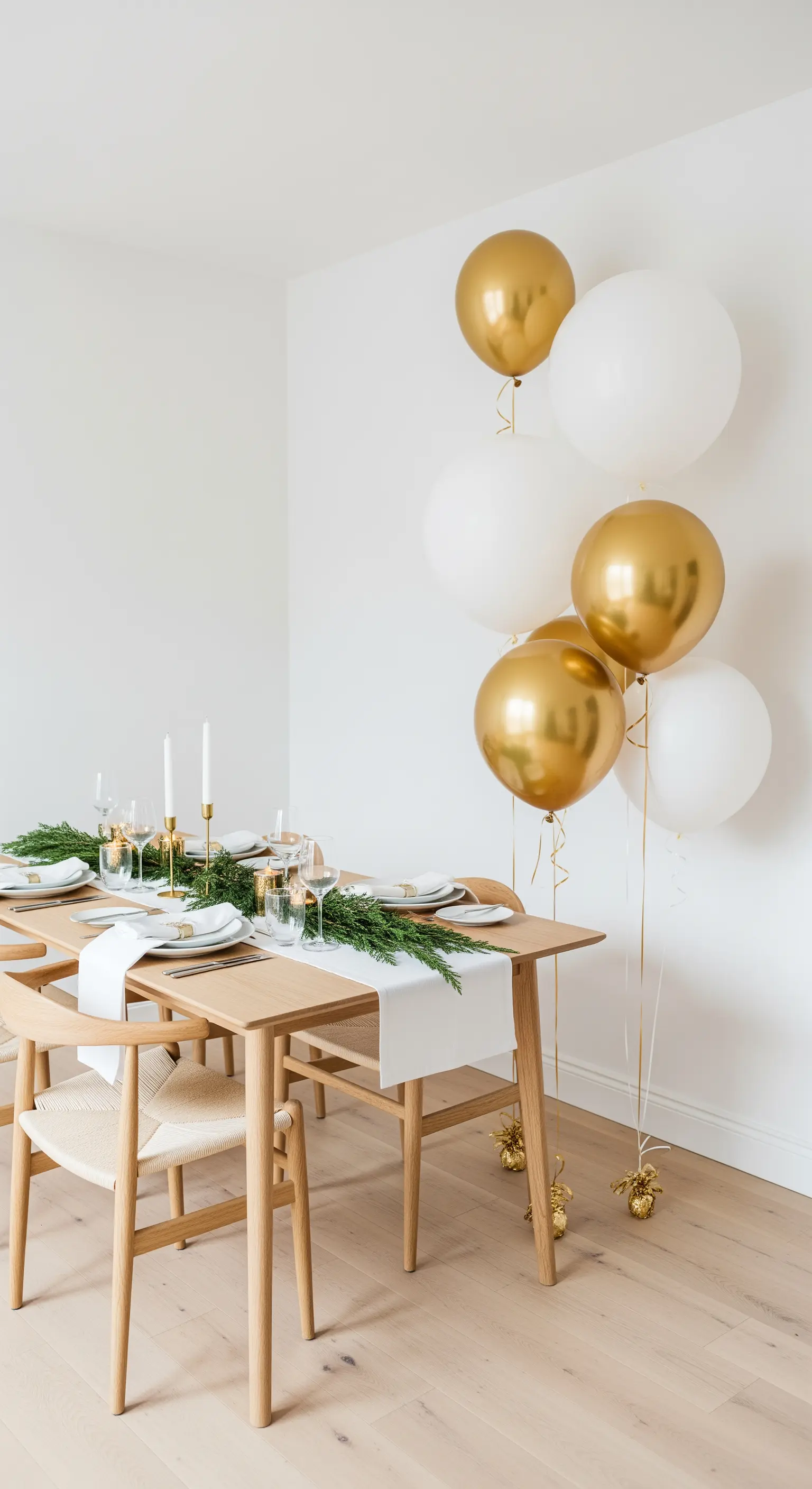 Tavola in stile scandinavo con runner di pino e un bouquet di palloncini bianchi e oro.