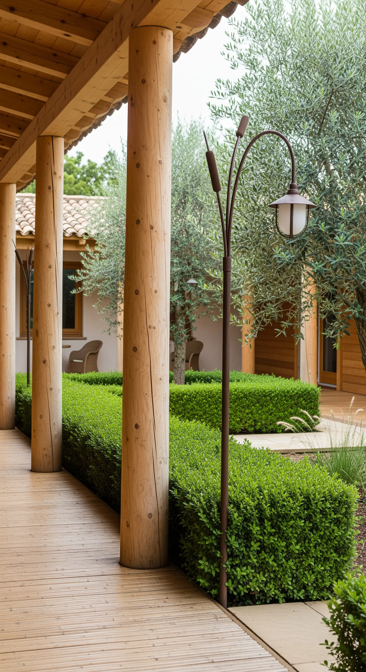 Portico in stile scandinavo con semplici colonne in legno chiaro e lampioni minimalisti.