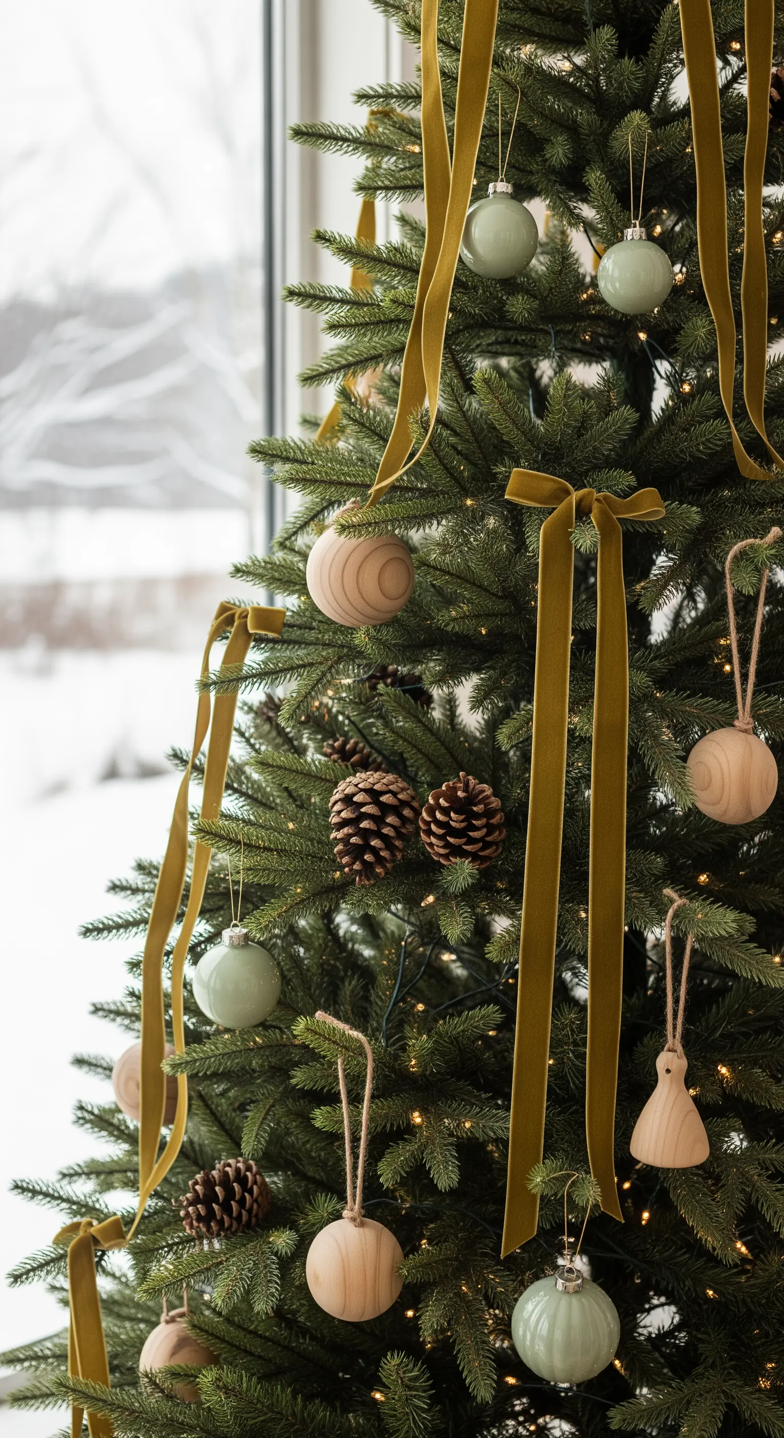 Dettaglio di un albero di Natale con nastro in velluto verde oliva e decorazioni in legno naturale