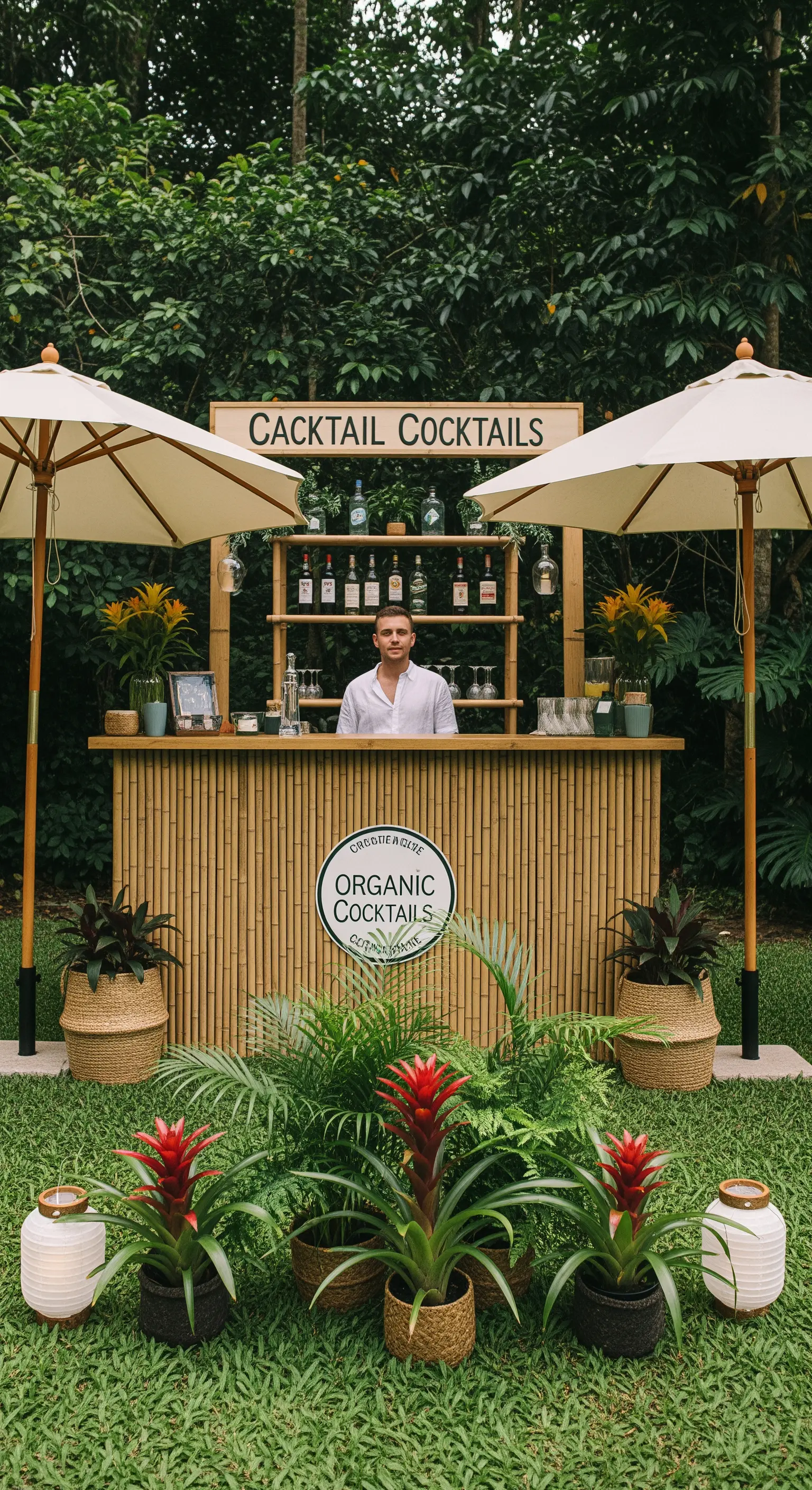Bar in bambù in un giardino rigoglioso, decorato con piante di bromelia in cesti di vimini