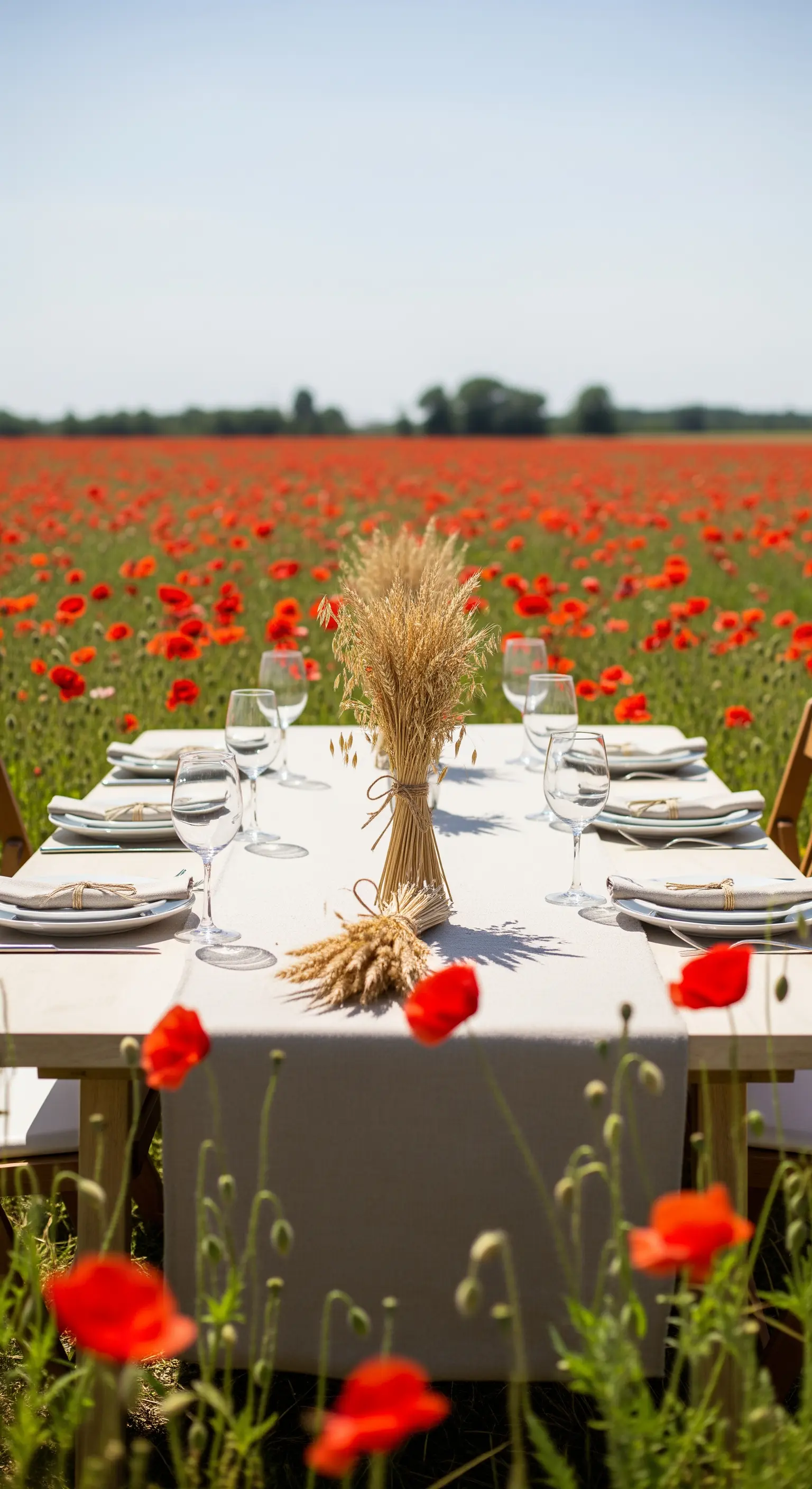 Tavolo con tovaglia in lino in un campo di papaveri, con un mazzo di spighe.